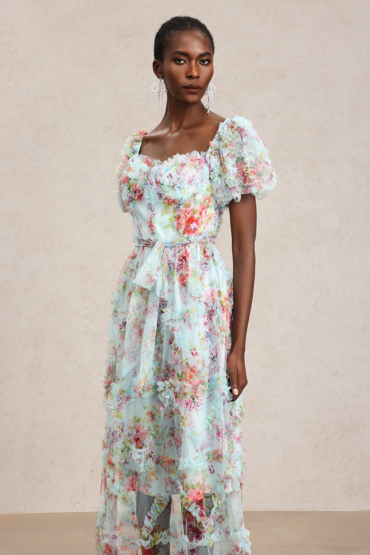 Mikayla Blue Floral Midi Dress with Ruffles and Bow Detail