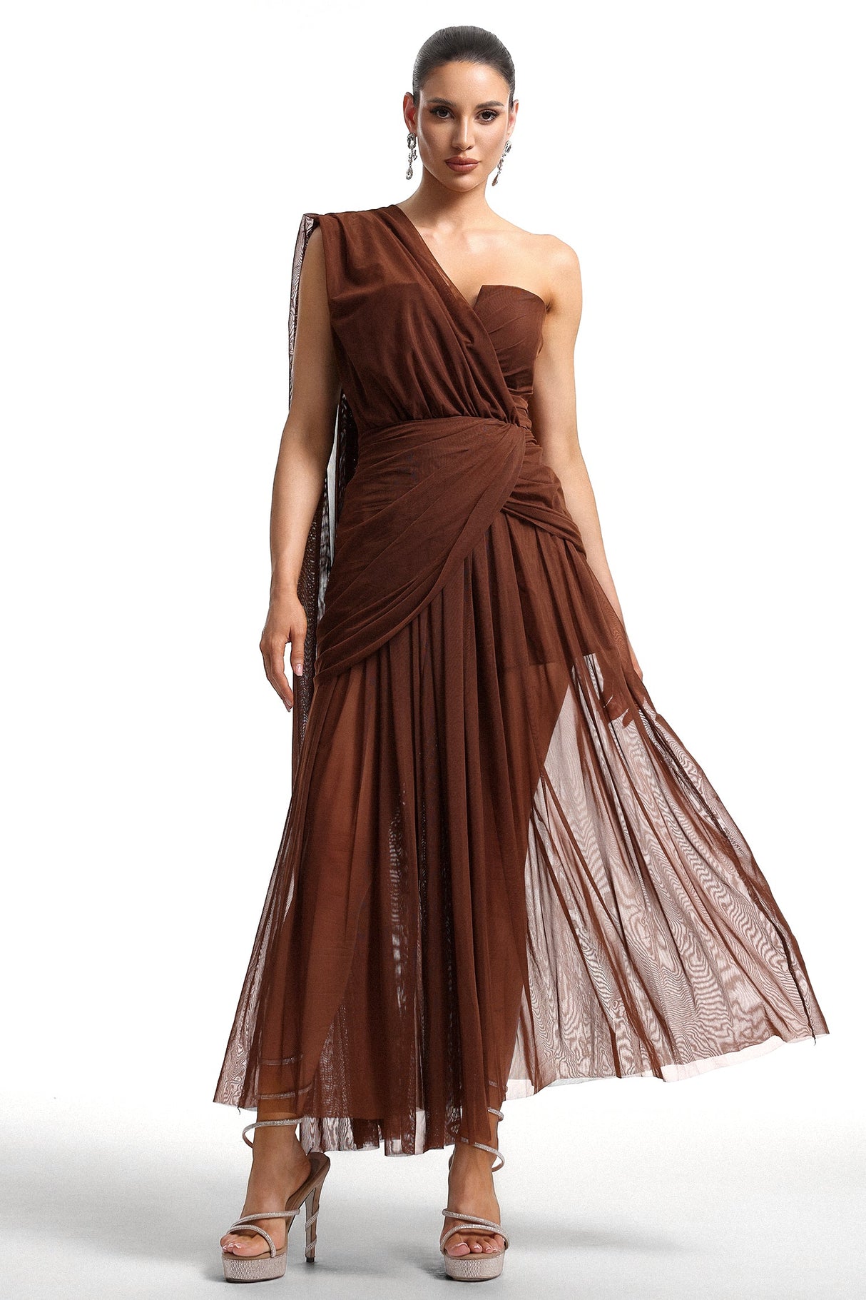 Milena Brown Mesh One-Shoulder Maxi Dress with Waist Detailing