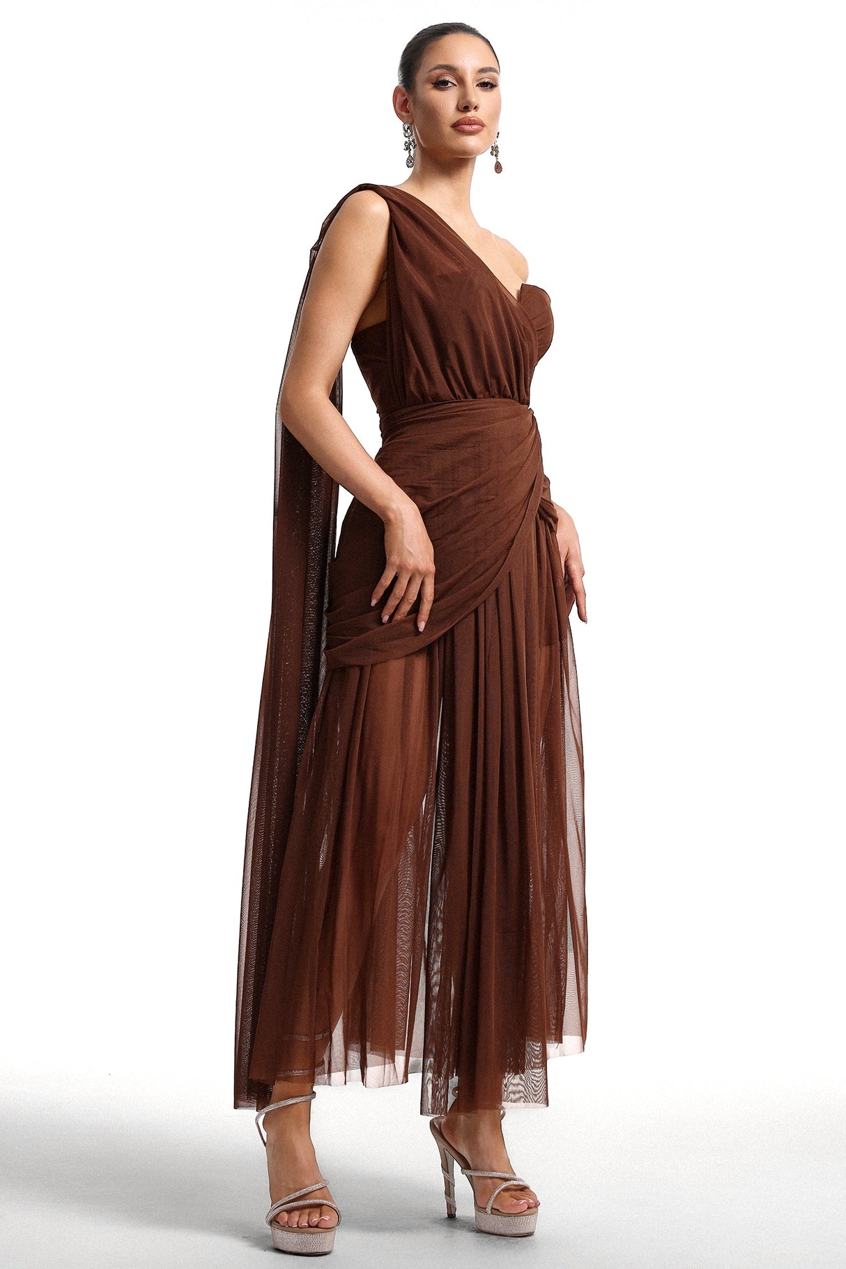 Milena Brown Mesh One-Shoulder Maxi Dress with Waist Detailing