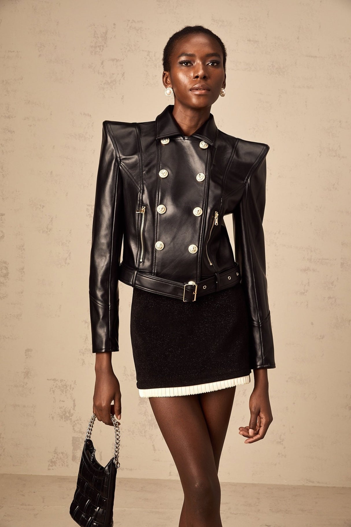 Milena Jacket Black Faux Leather Double Breasted Gold & Belted