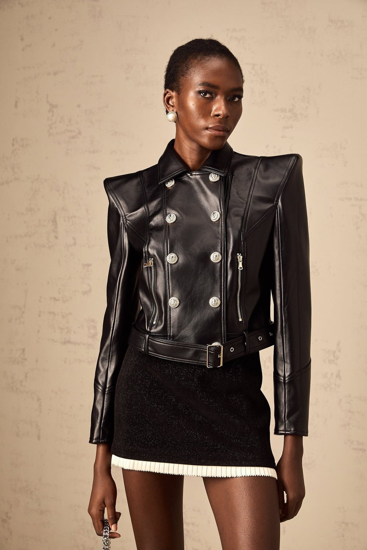 Milena Jacket Black Faux Leather Double Breasted Gold & Belted