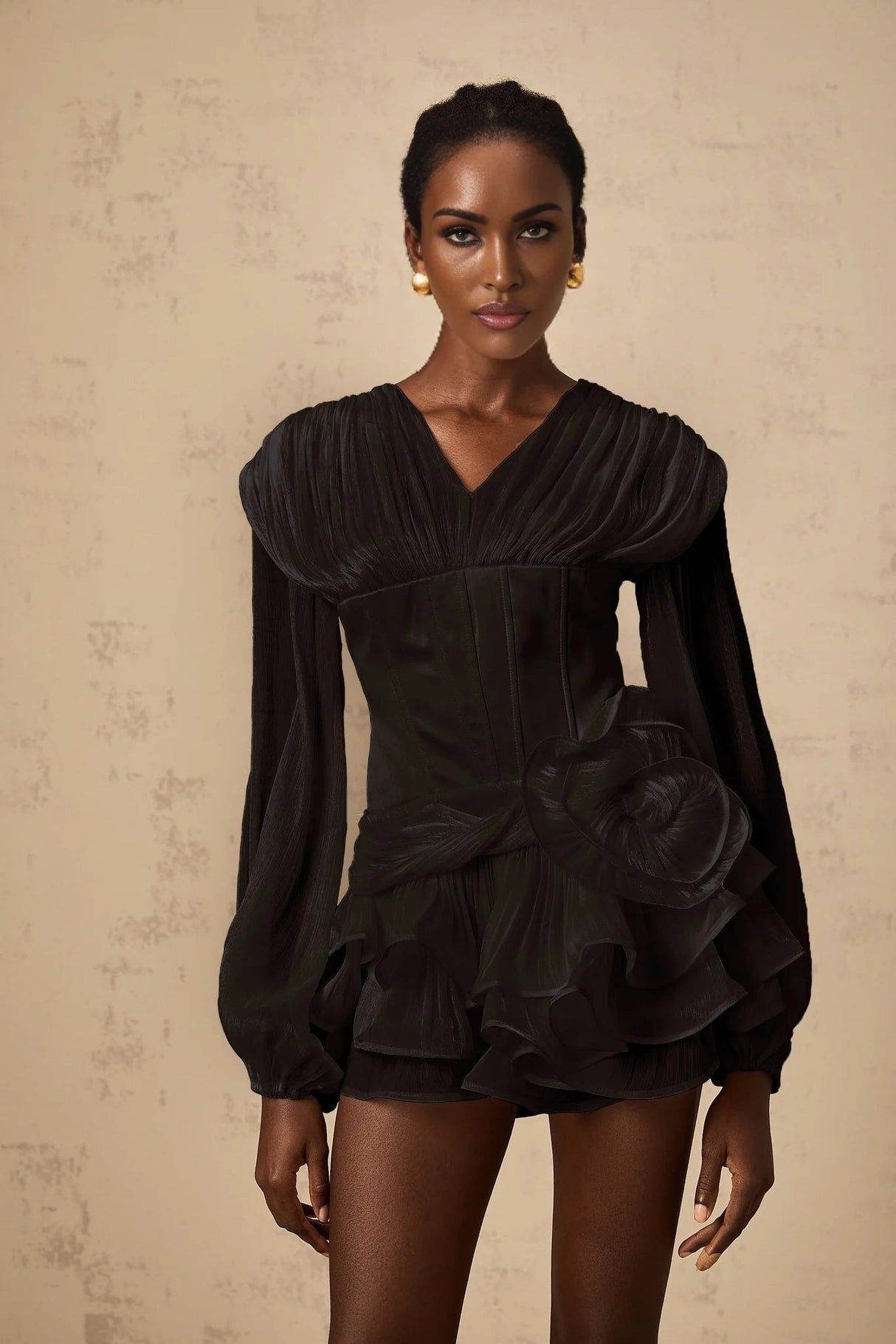 Milena Mini Dress Black Pleated Ruffled Hem Sparkling Glitter Floral Detail