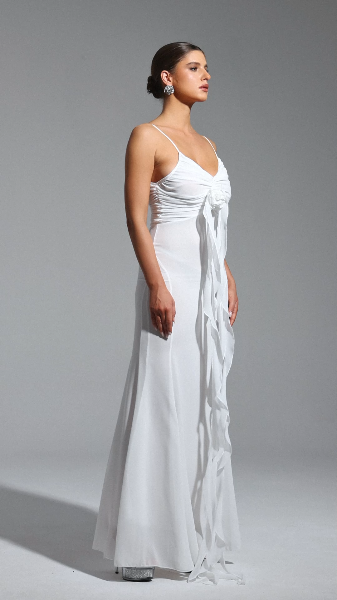 Milena White Floral Maxi Dress with Deep V Neckline and Adjustable Spaghetti Straps