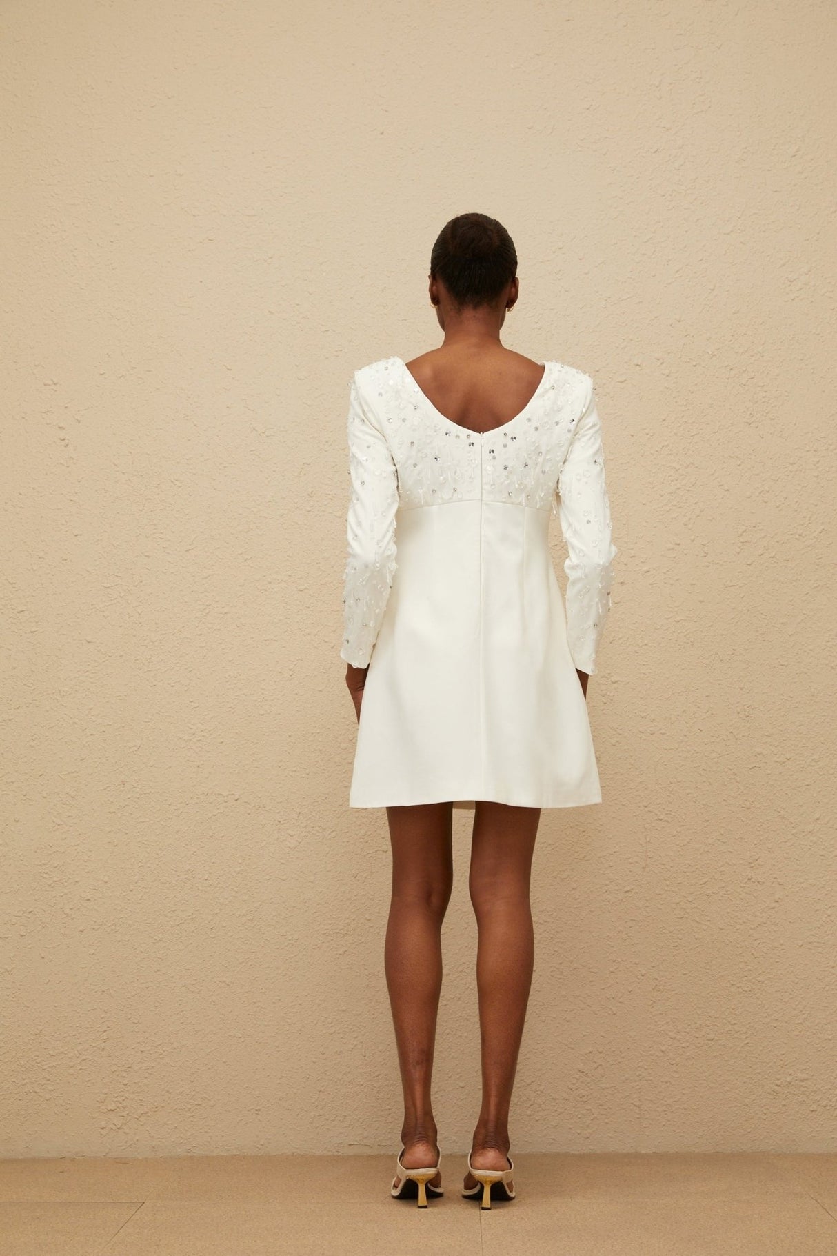 Mini Dress - Long Sleeve - Sequin & Crystal Embellishment - Fitted Waist - A - Line - Rear Zip