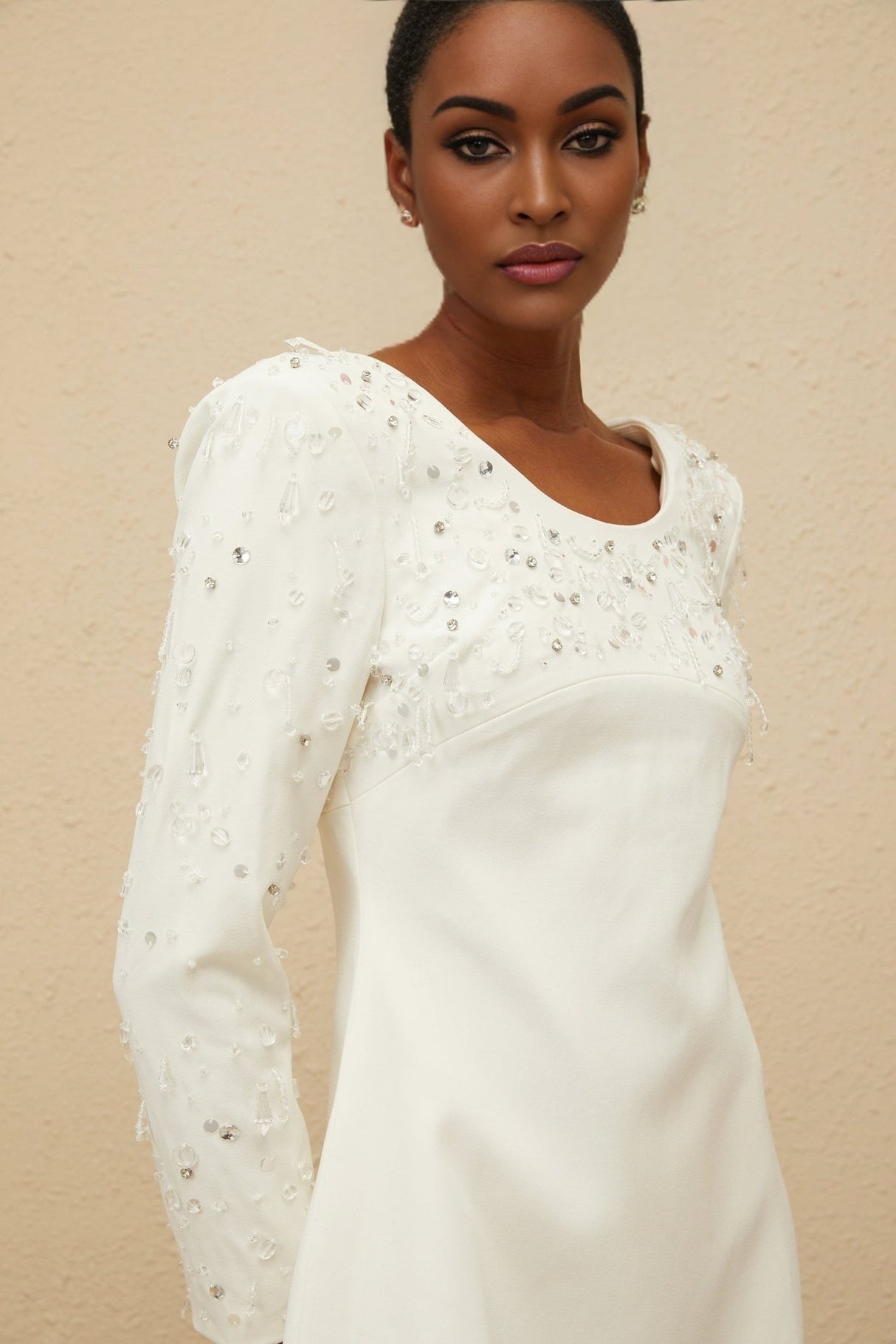 Mini Dress - Long Sleeve - Sequin & Crystal Embellishment - Fitted Waist - A - Line - Rear Zip