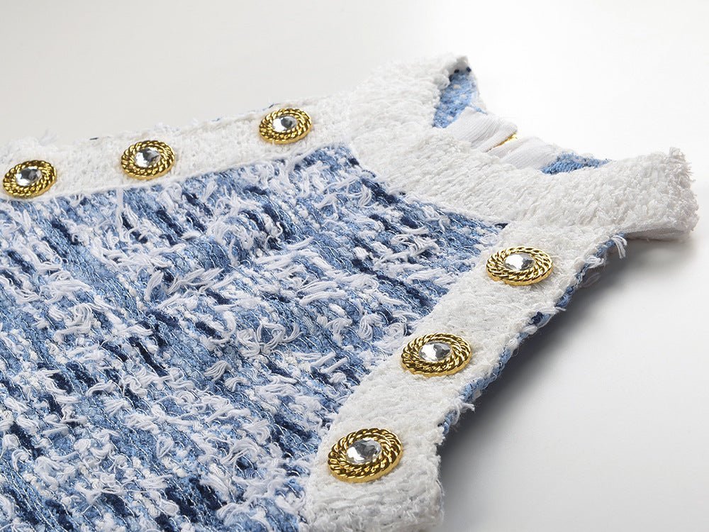 Mini Dress - Tailored Fit - Textured Pattern - Chic Fringe Hem - Form - Fitting Silhouette - Statement Gold Buttons