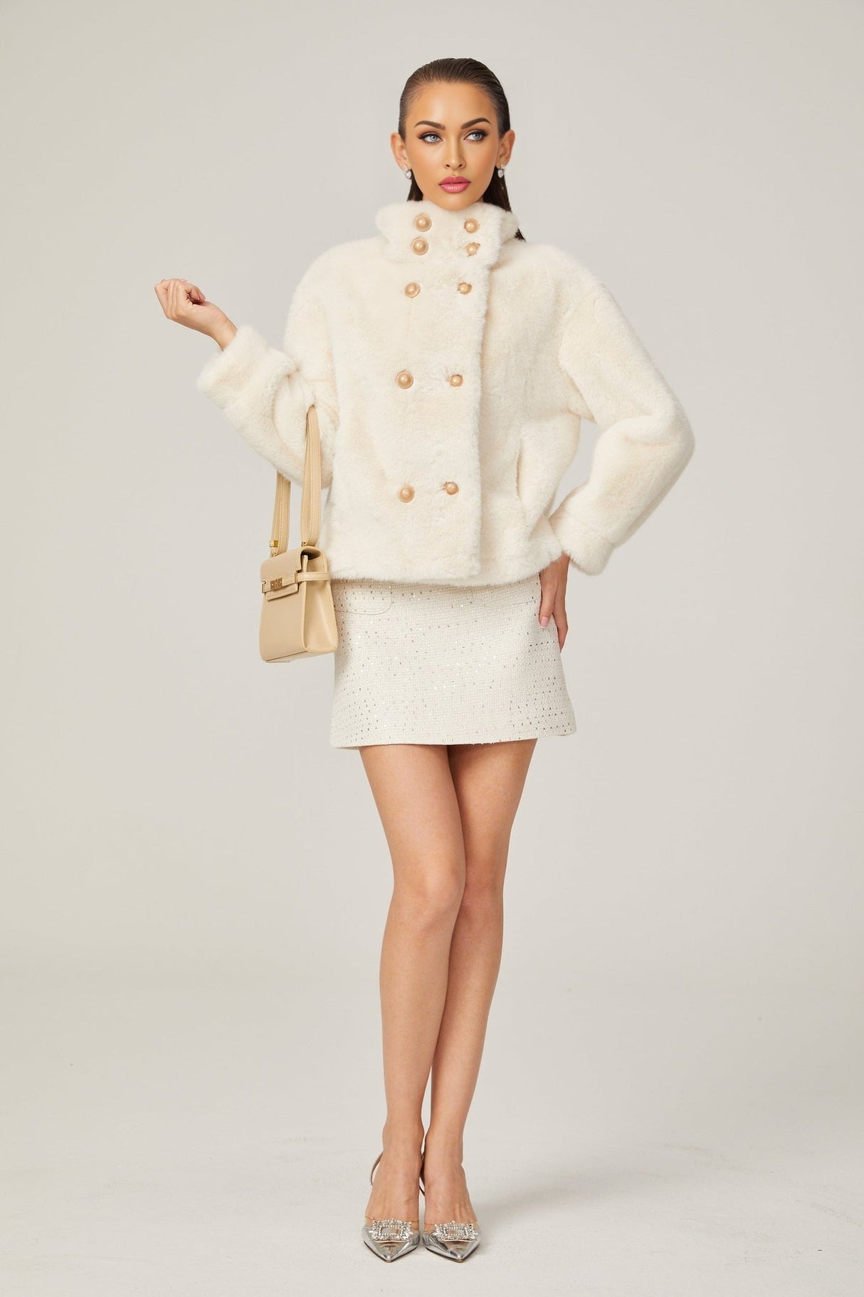 Miracle Jacket Miracle Faux Fur Double Breasted White & Stand