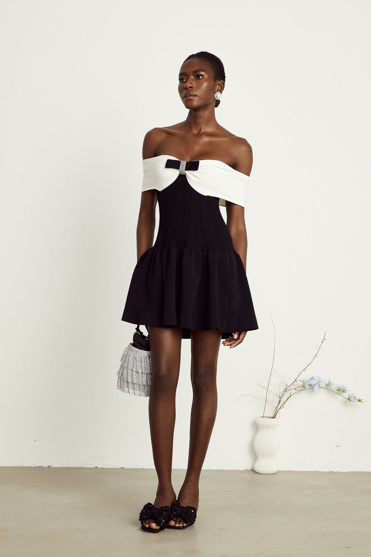 Miracle Mini Dress Crystal Bow Off Shoulder Black White Thigh