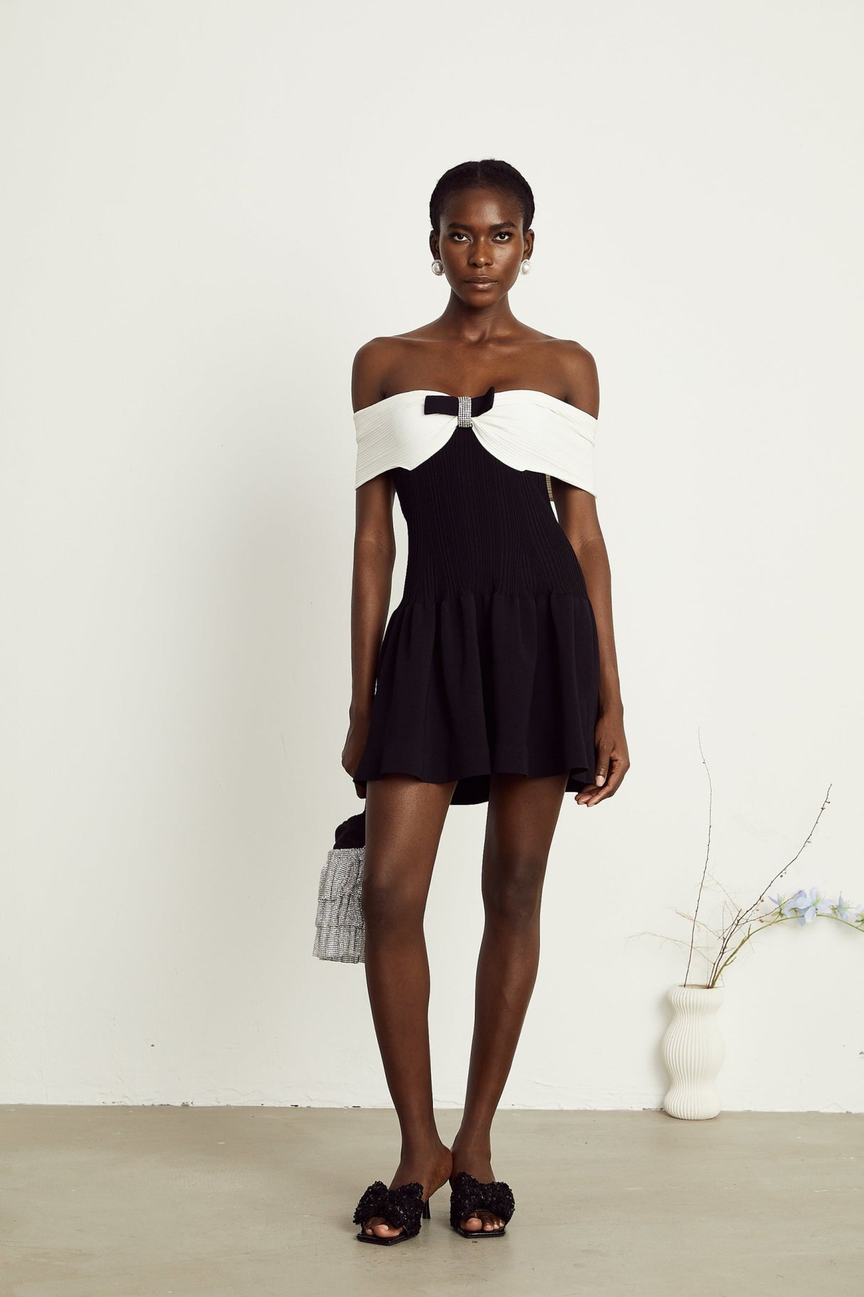 Miracle Mini Dress Crystal Bow Off Shoulder Black White Thigh