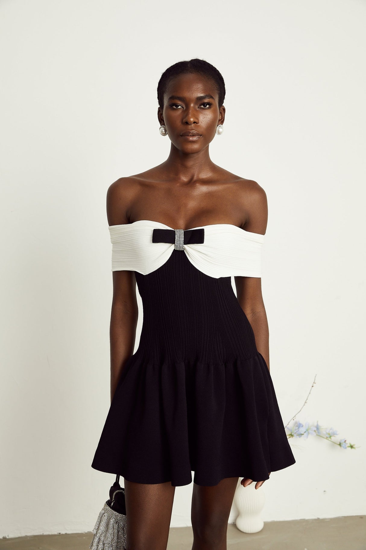 Miracle Mini Dress Crystal Bow Off Shoulder Black White Thigh