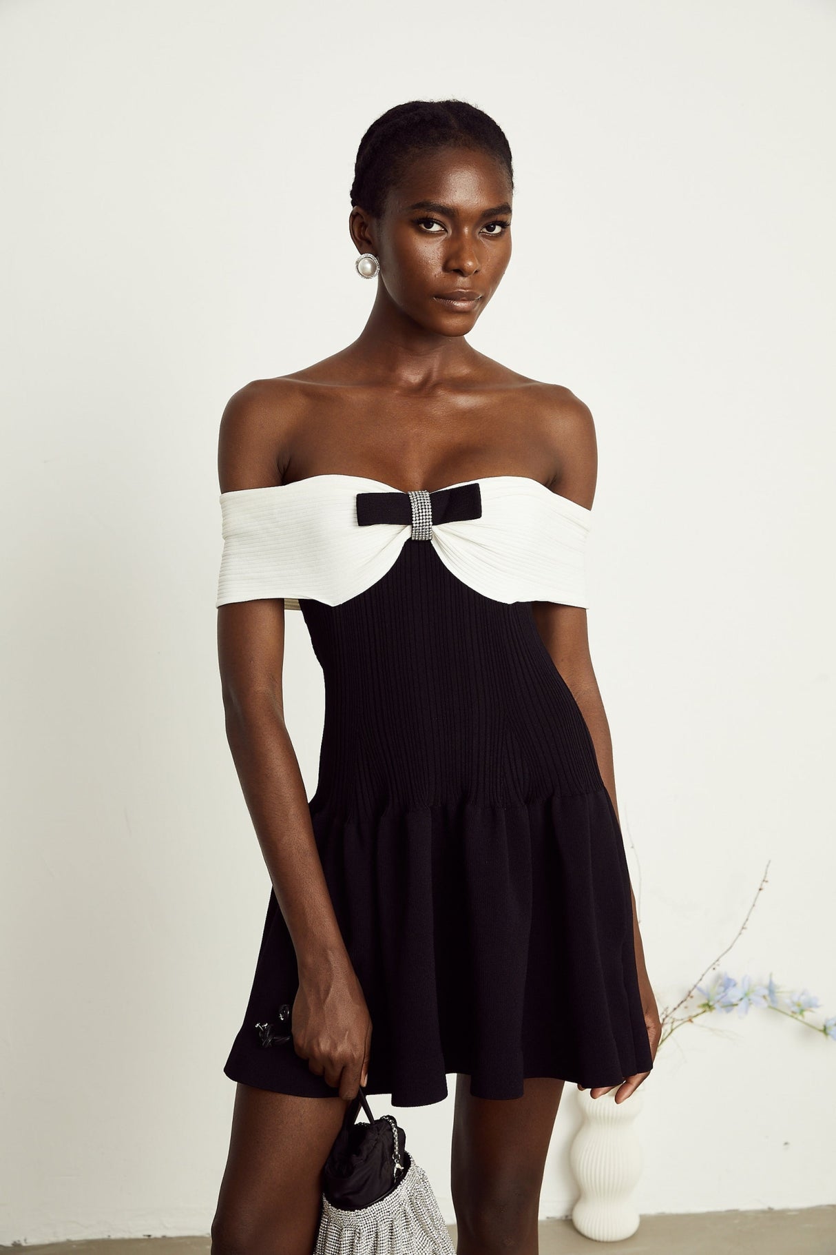 Miracle Mini Dress Crystal Bow Off Shoulder Black White Thigh