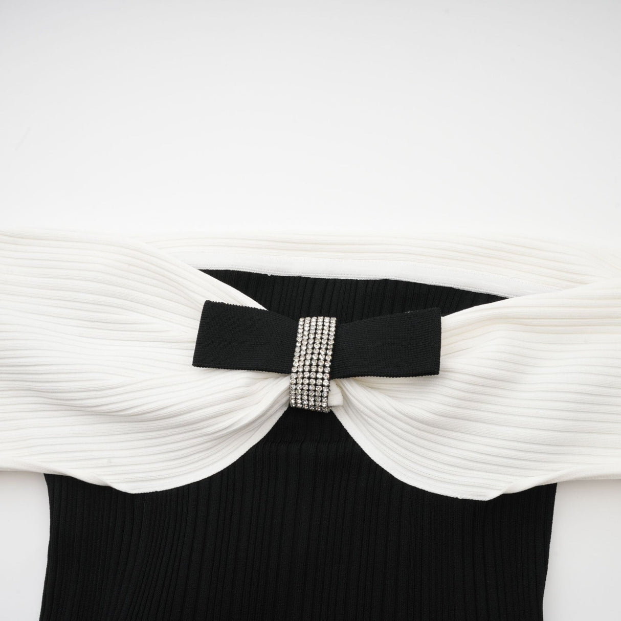Miracle Mini Dress Crystal Bow Off Shoulder Black White Thigh