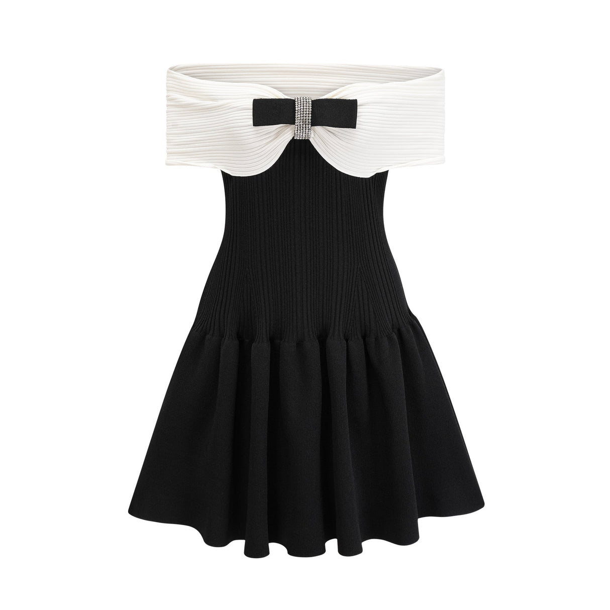 Miracle Mini Dress Crystal Bow Off Shoulder Black White Thigh