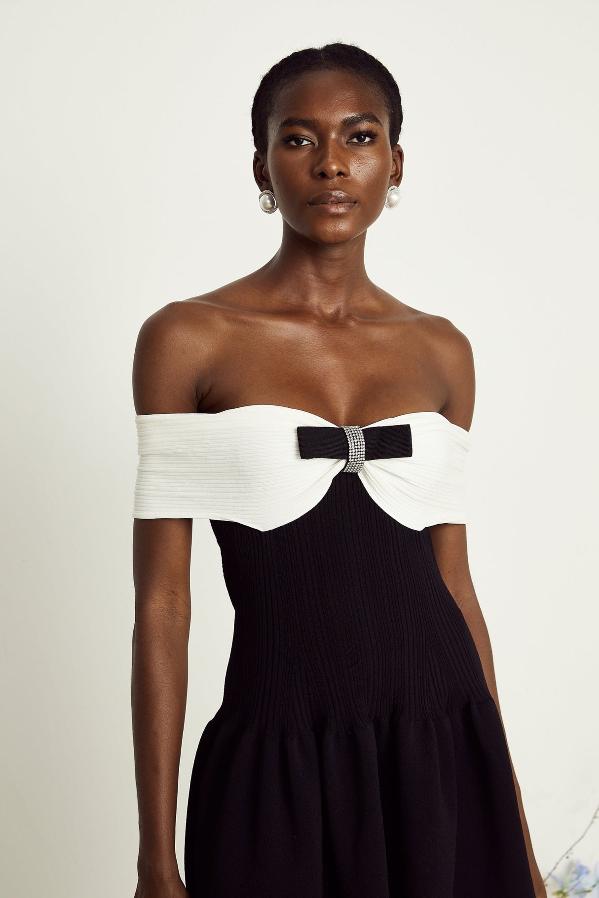 Miracle Mini Dress Crystal Bow Off Shoulder Black White Thigh