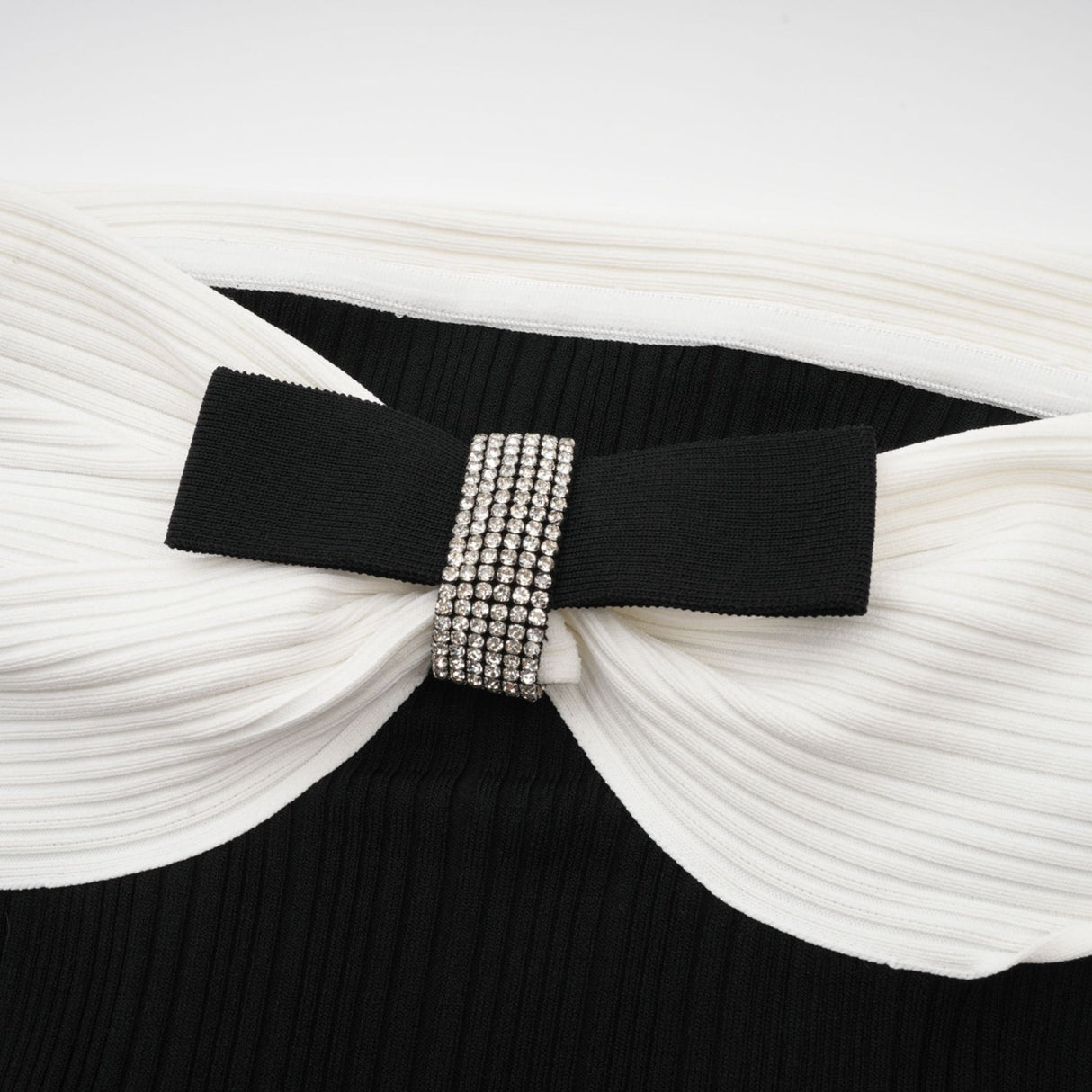 Miracle Mini Dress Crystal Bow Off Shoulder Black White Thigh