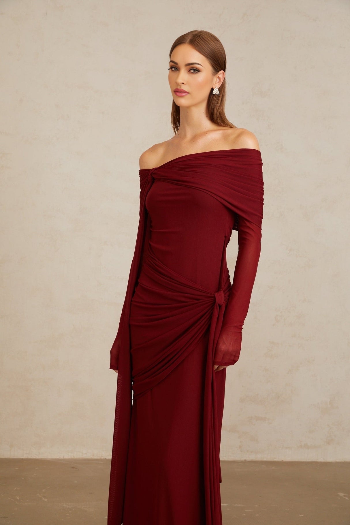 Miranda Gown - Off The Shoulder - Long Sleeves - Front Tie - Pleated & Draped Detailing - Asymmetrical - Slip - On Style