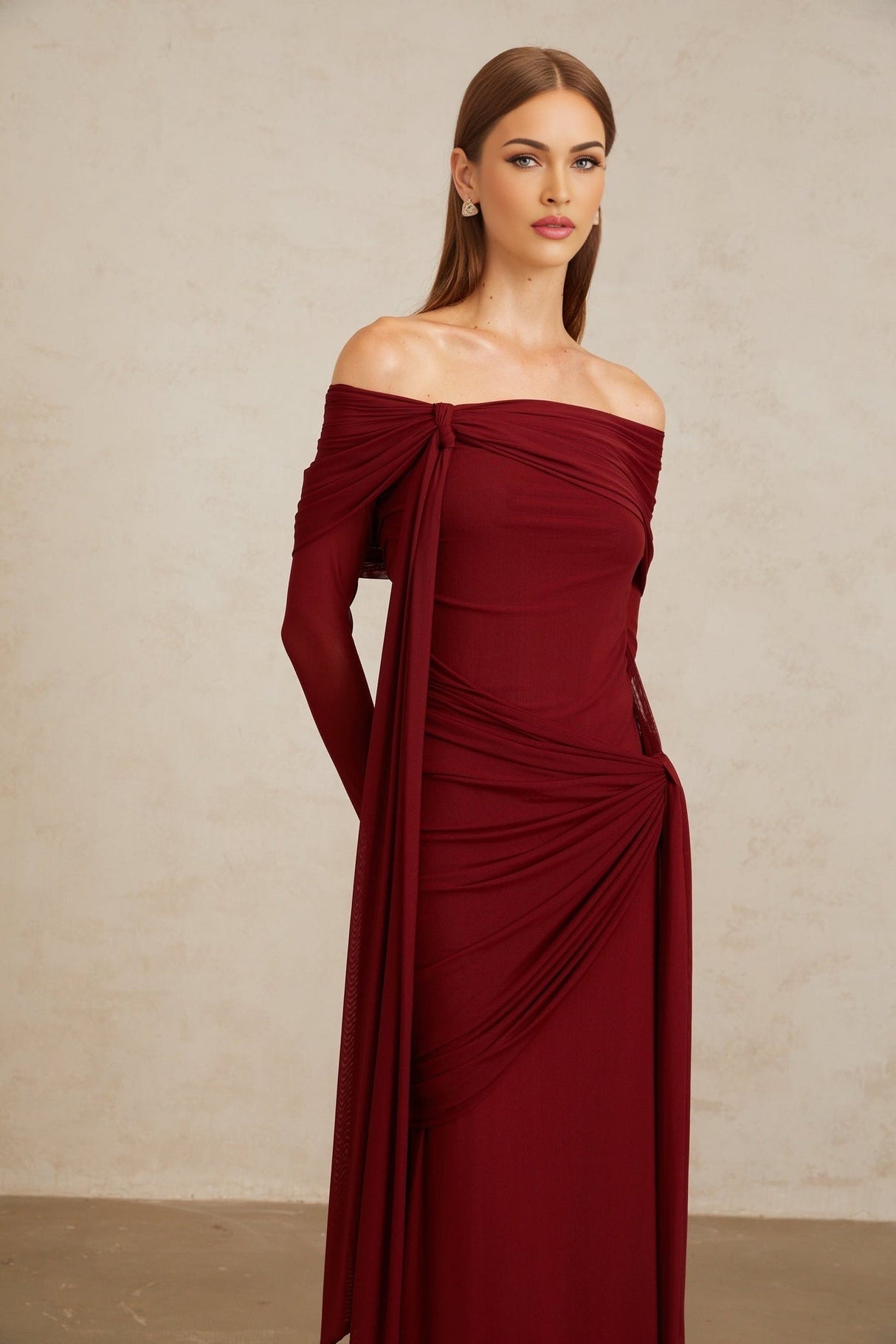 Miranda Gown - Off The Shoulder - Long Sleeves - Front Tie - Pleated & Draped Detailing - Asymmetrical - Slip - On Style