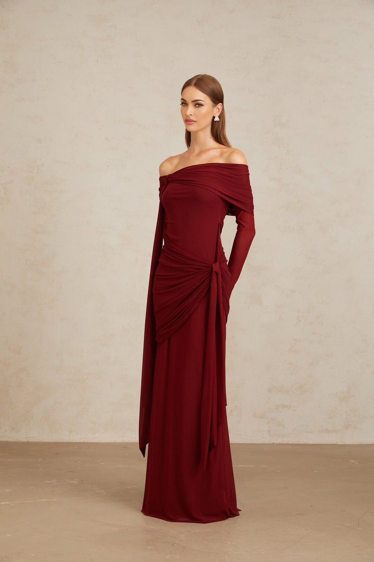 Miranda Gown - Off The Shoulder - Long Sleeves - Front Tie - Pleated & Draped Detailing - Asymmetrical - Slip - On Style
