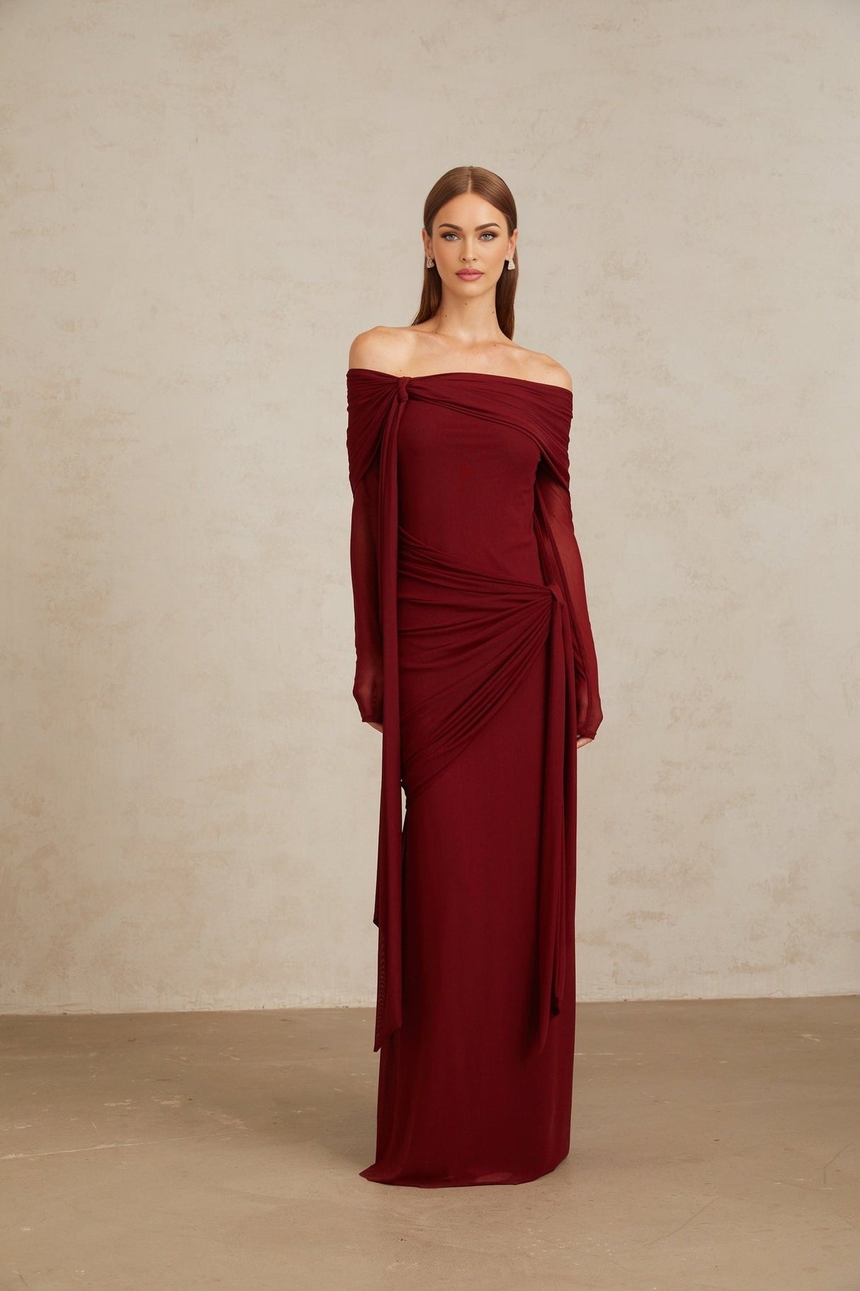 Miranda Gown - Off The Shoulder - Long Sleeves - Front Tie - Pleated & Draped Detailing - Asymmetrical - Slip - On Style