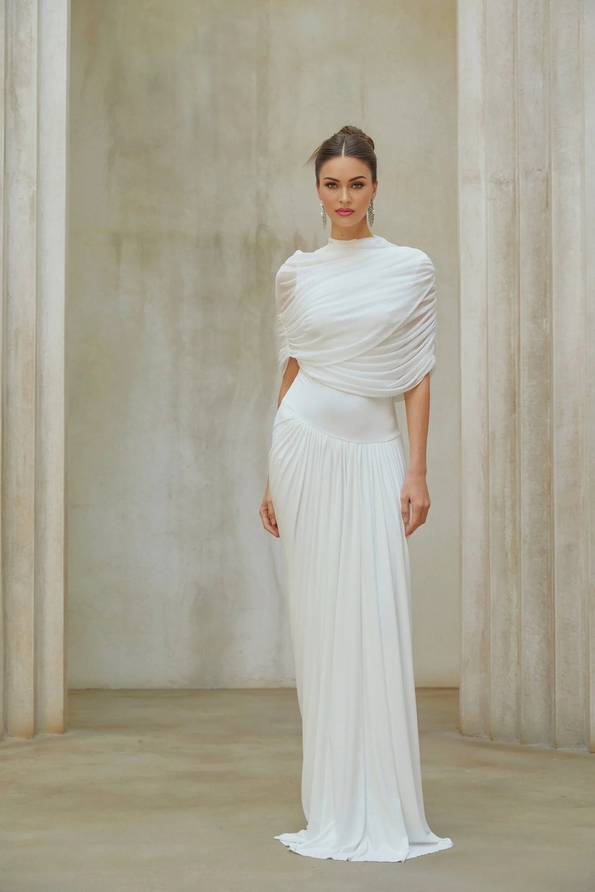 Miranda Maxi Dress White Asymmetrical Pleated Mesh Shawl Draped Floor Length