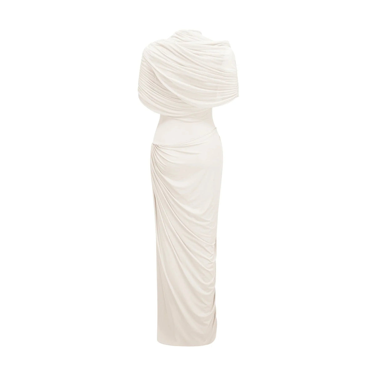 Miranda Maxi Dress White Asymmetrical Pleated Mesh Shawl Draped Floor Length