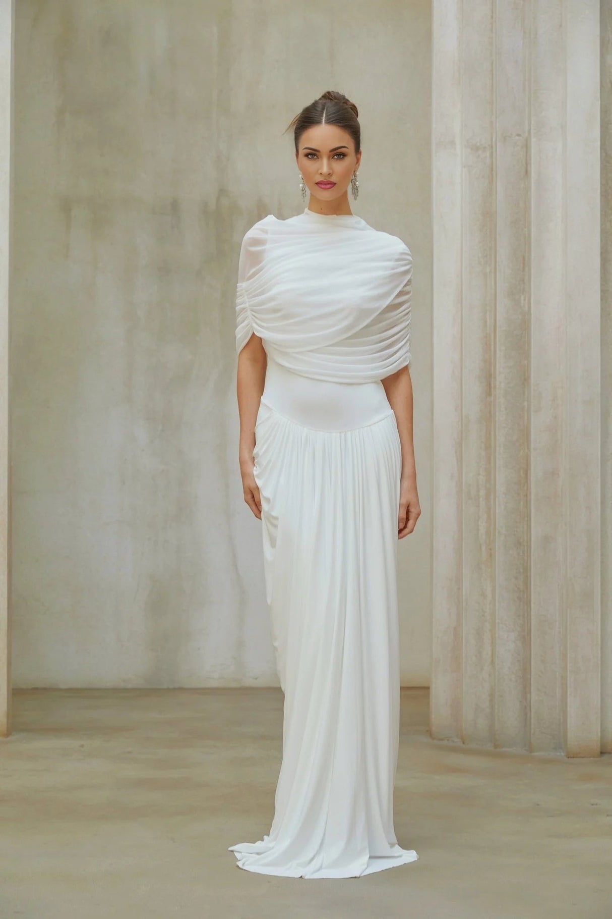 Miranda Maxi Dress White Asymmetrical Pleated Mesh Shawl Draped Floor Length