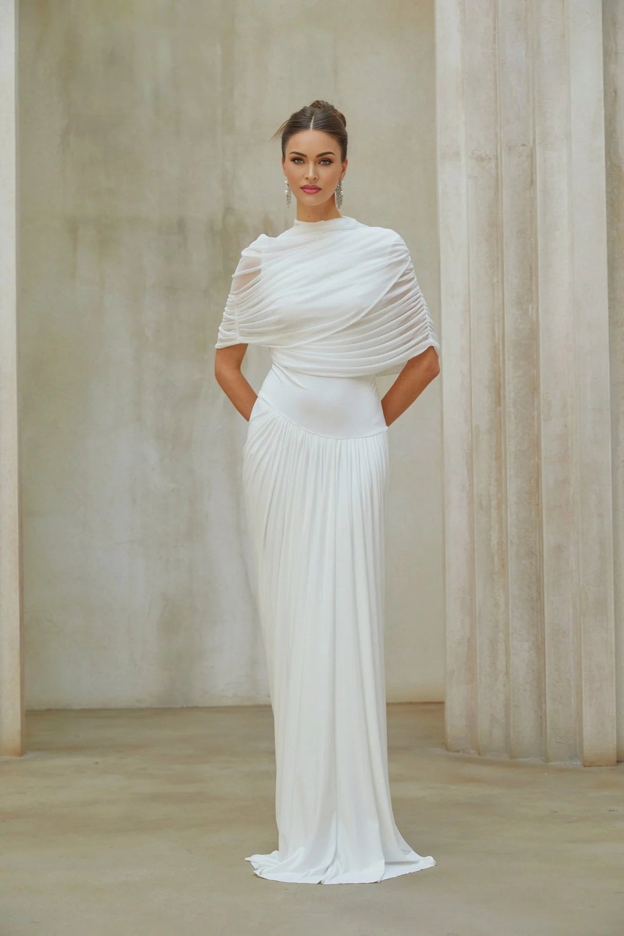Miranda Maxi Dress White Asymmetrical Pleated Mesh Shawl Draped Floor Length