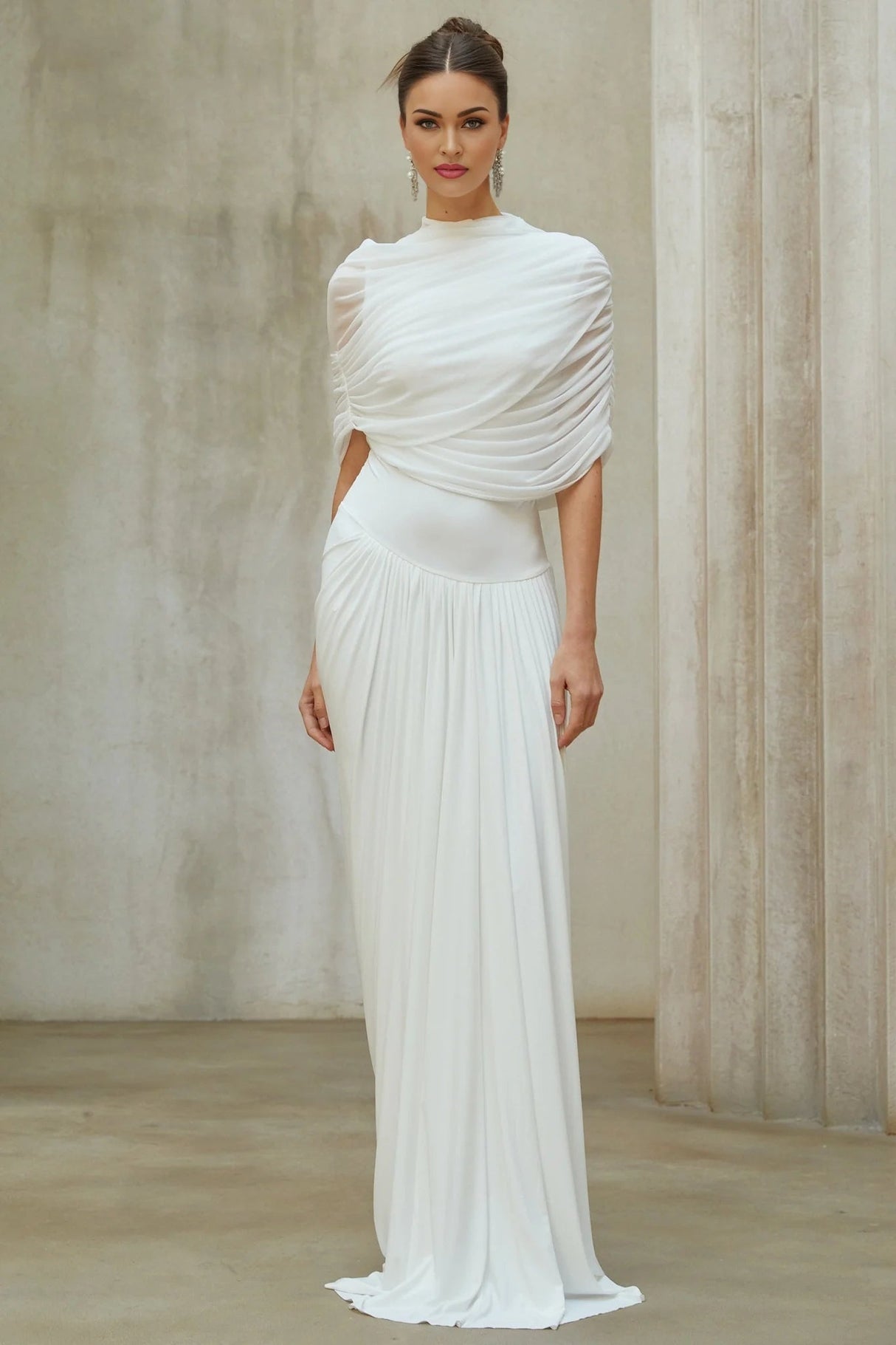 Miranda Maxi Dress White Asymmetrical Pleated Mesh Shawl Draped Floor Length