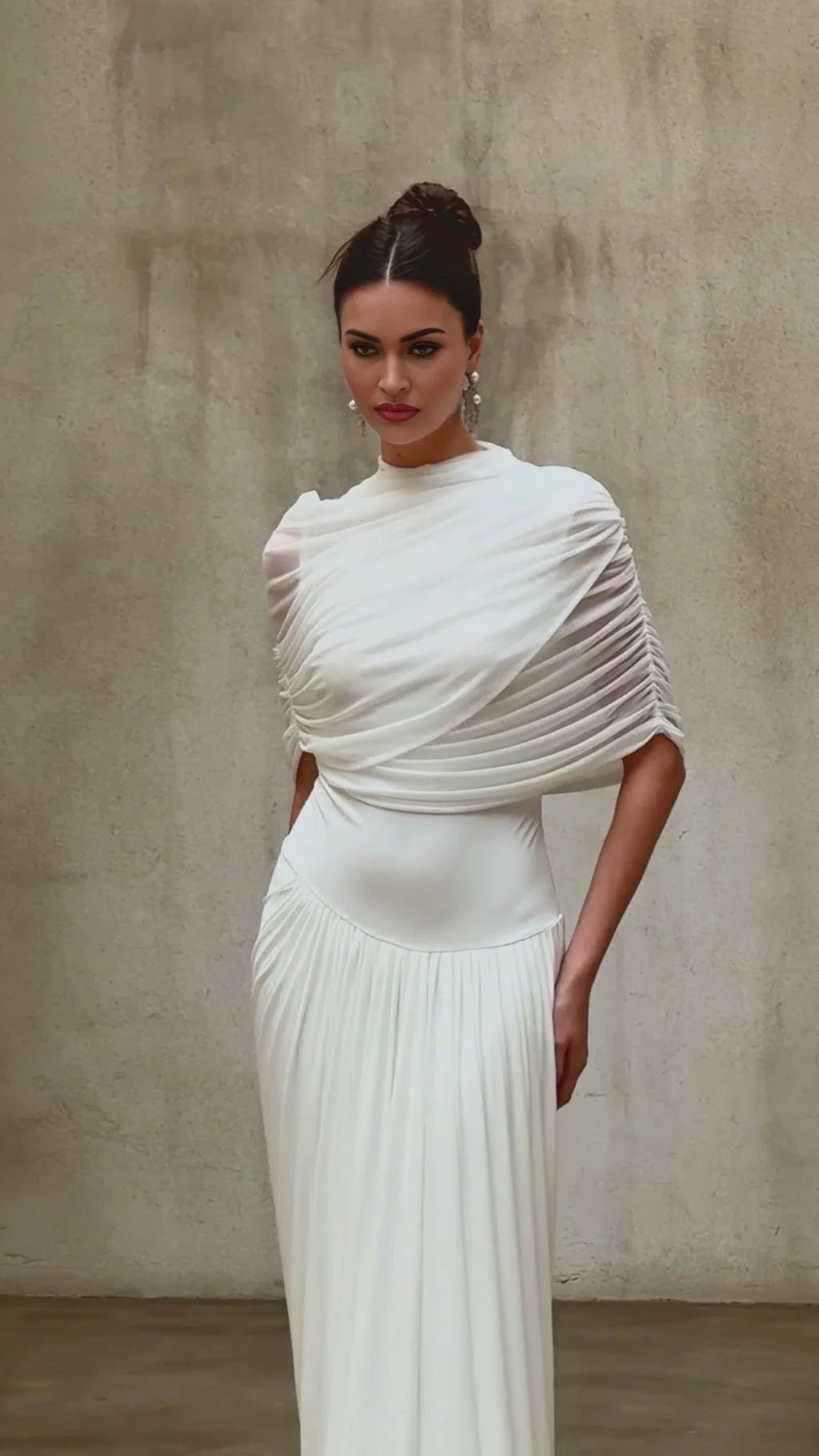 Miranda Maxi Dress White Asymmetrical Pleated Mesh Shawl Draped Floor Length