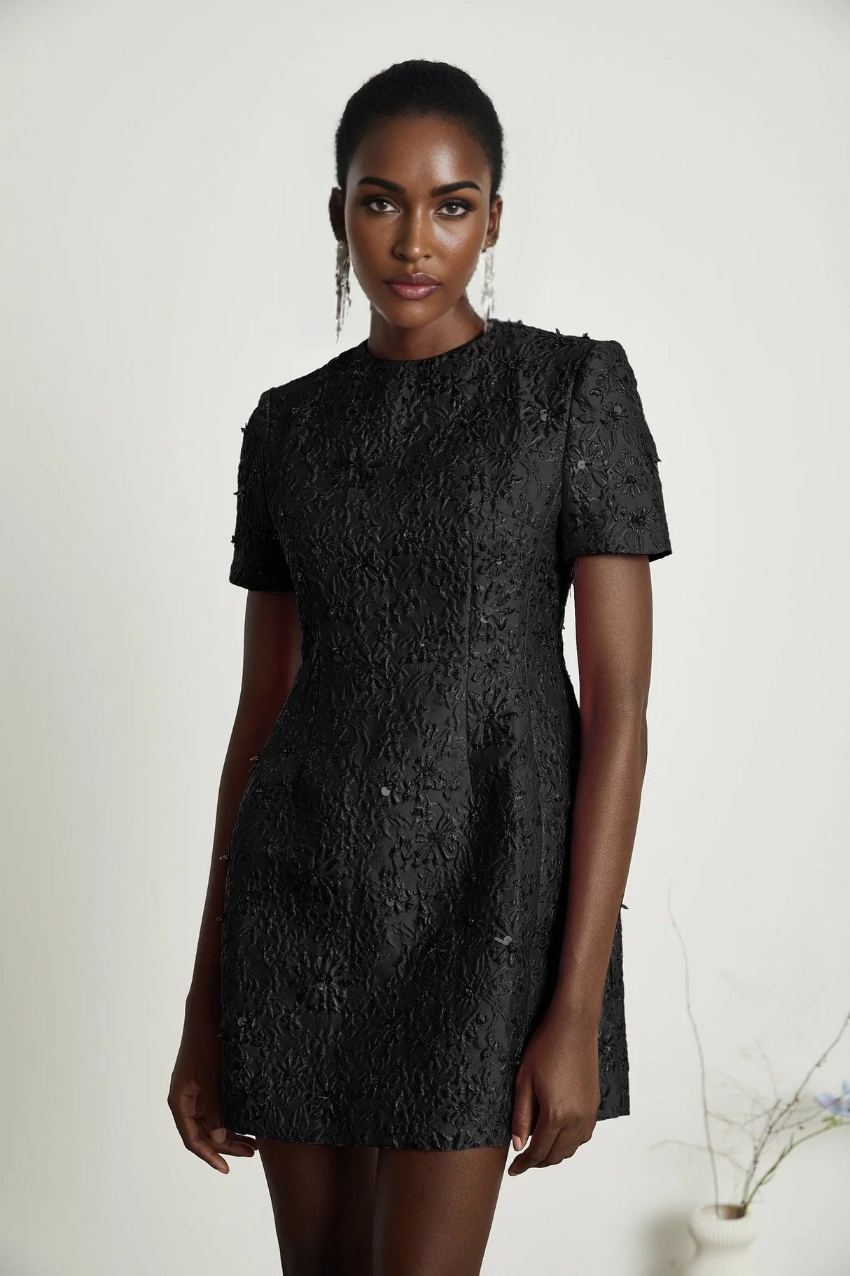 Miranda Mini Dress Black Floral Appliqu Crystal Embellishment