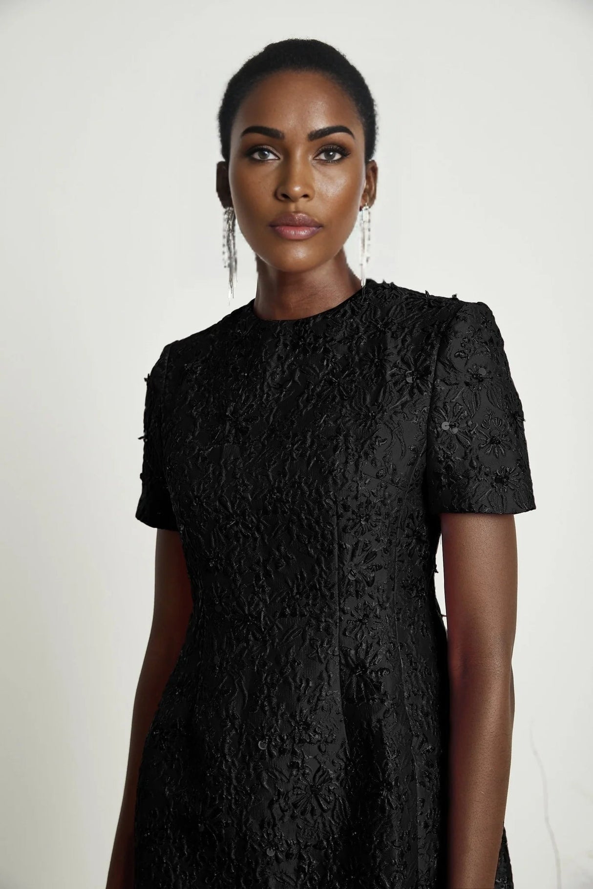 Miranda Mini Dress Black Floral Appliqu Crystal Embellishment