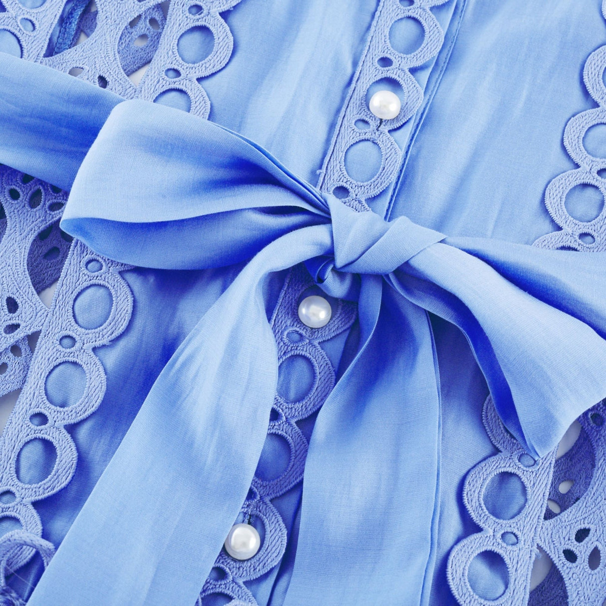 Mireille Blue Sleeveless Mini Dress With Lace Cut - Outs and Belted Waist