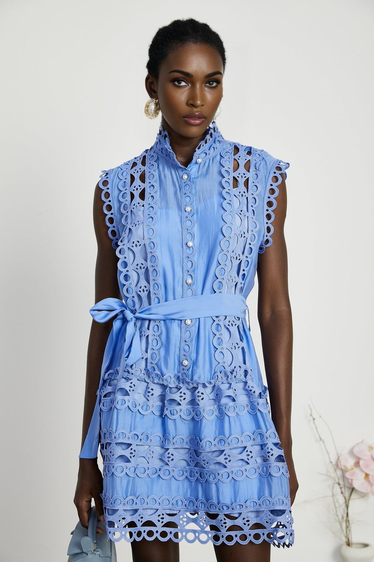 Mireille Blue Sleeveless Mini Dress With Lace Cut - Outs and Belted Waist