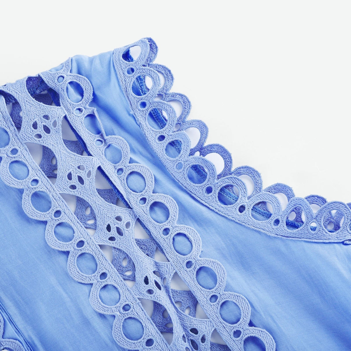 Mireille Blue Sleeveless Mini Dress With Lace Cut - Outs and Belted Waist