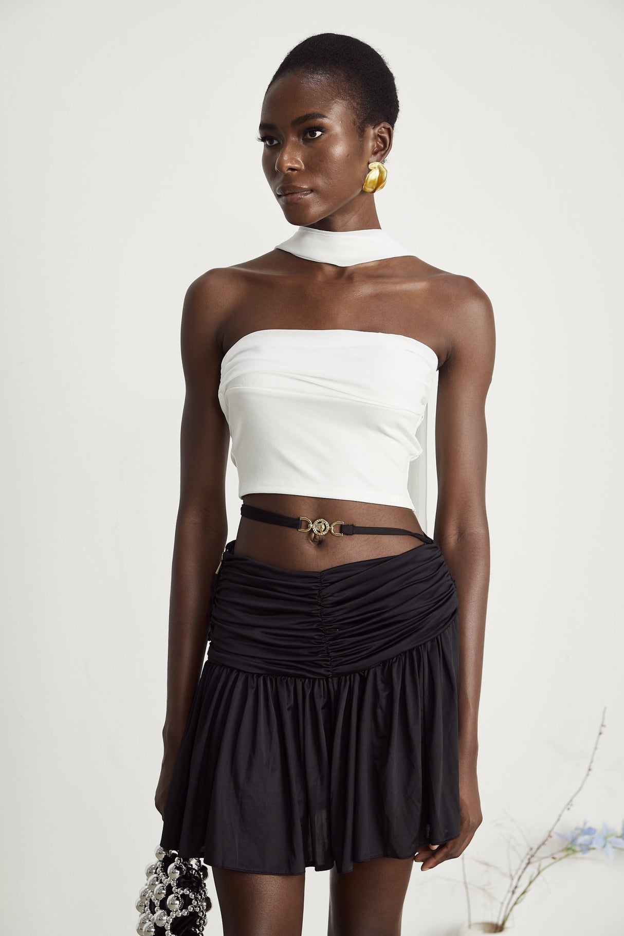 Mirella Corset Top White Off Shoulder Pleat Scarf Cropped