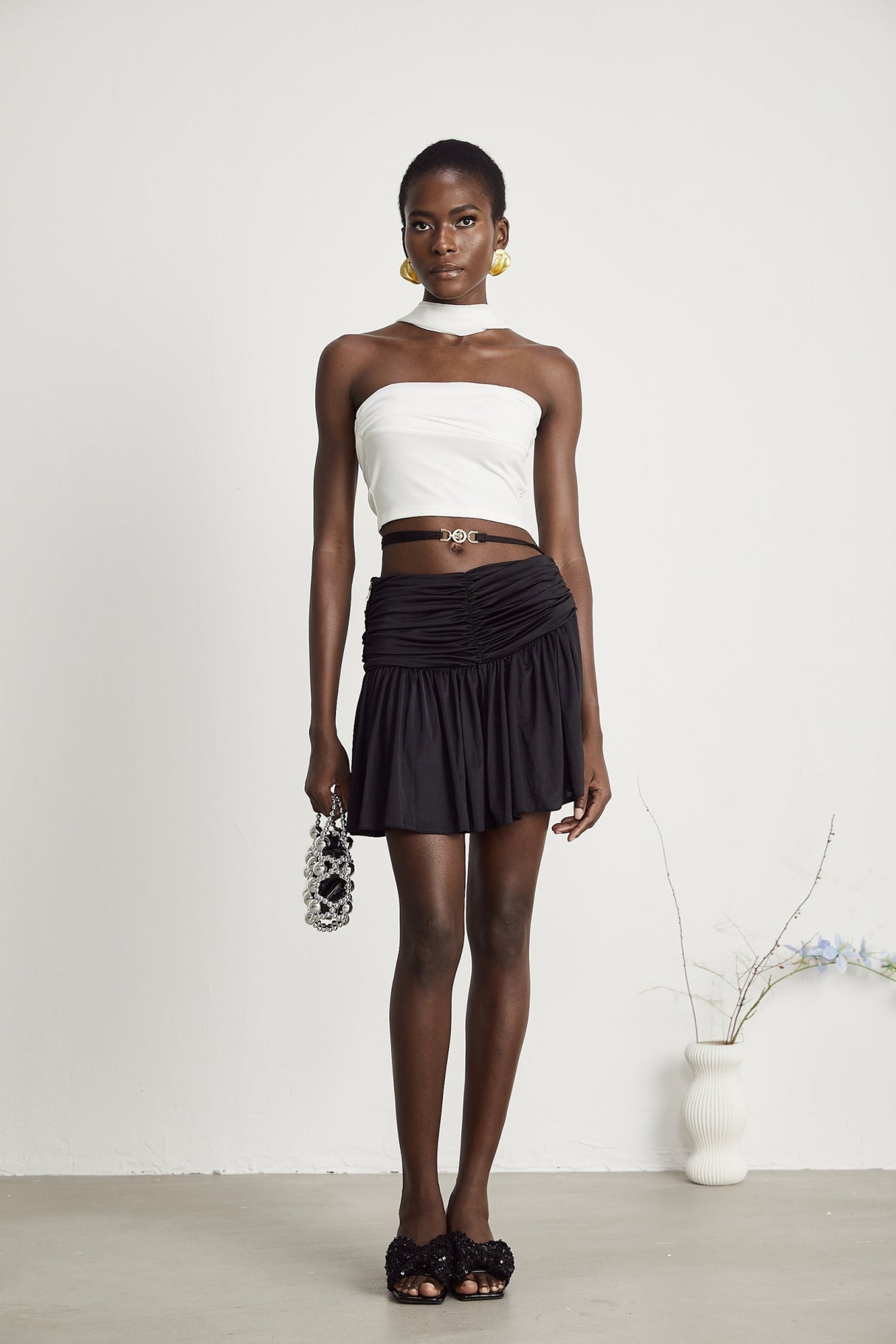 Mirella Corset Top White Off Shoulder Pleat Scarf Cropped