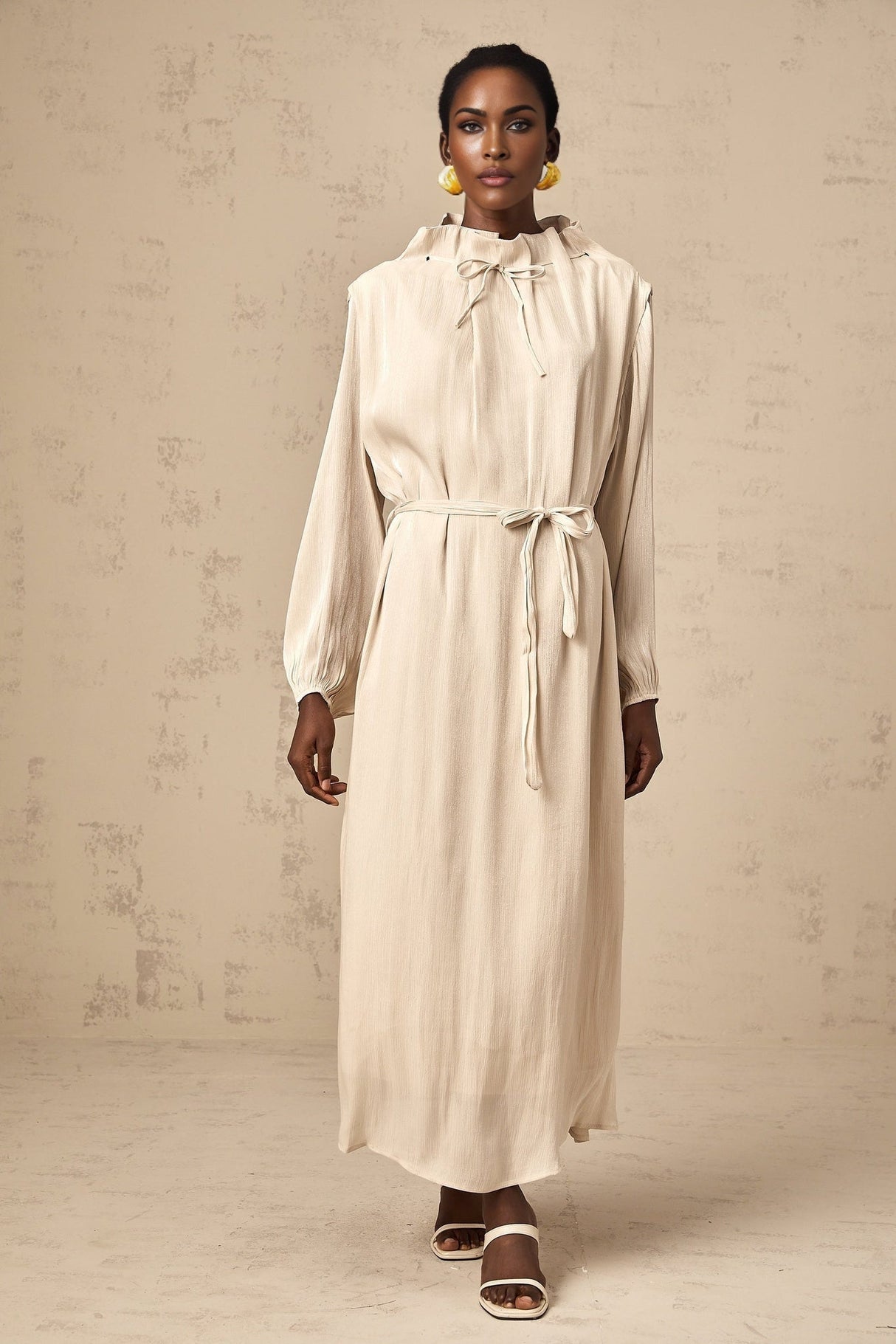 Mirella Midi Dress with Mock Neck and Ruffled Detailing