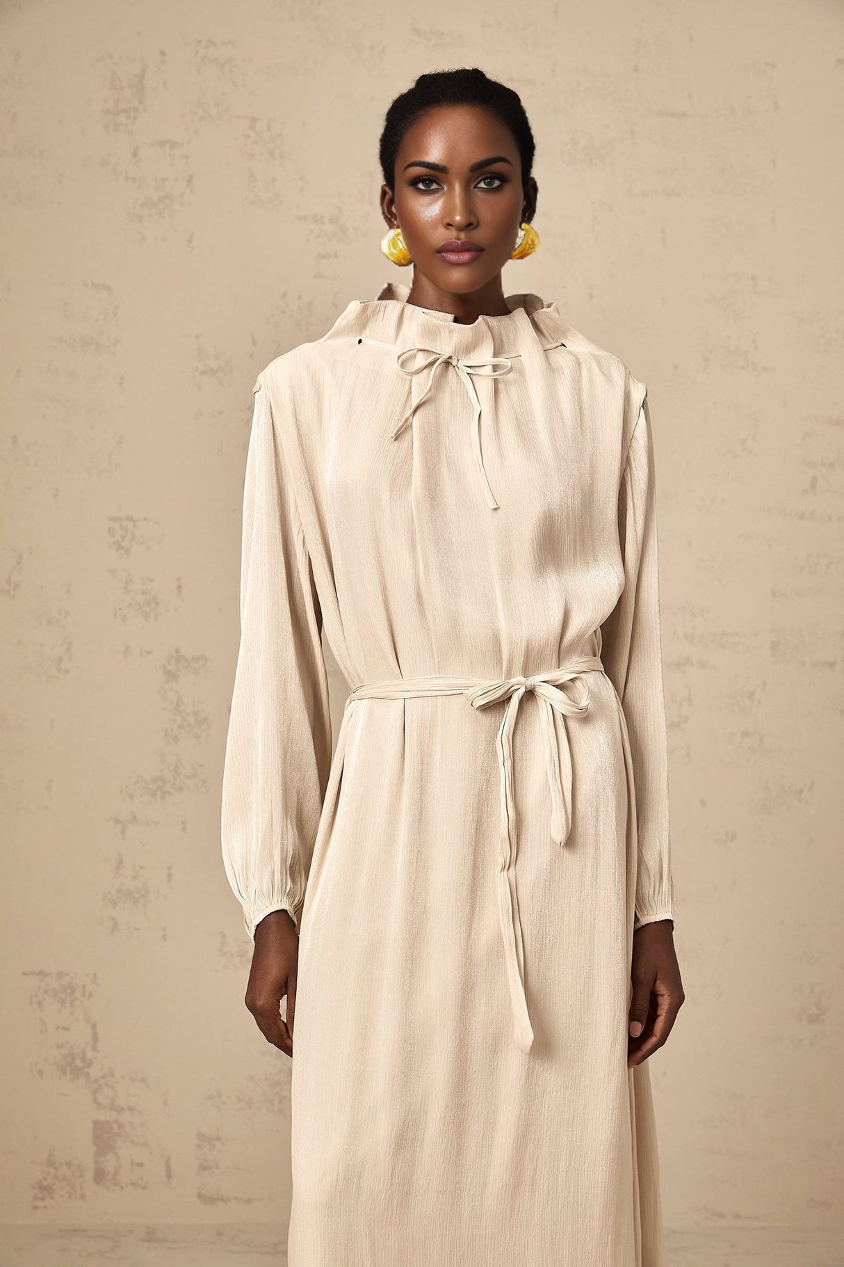 Mirella Midi Dress with Mock Neck and Ruffled Detailing