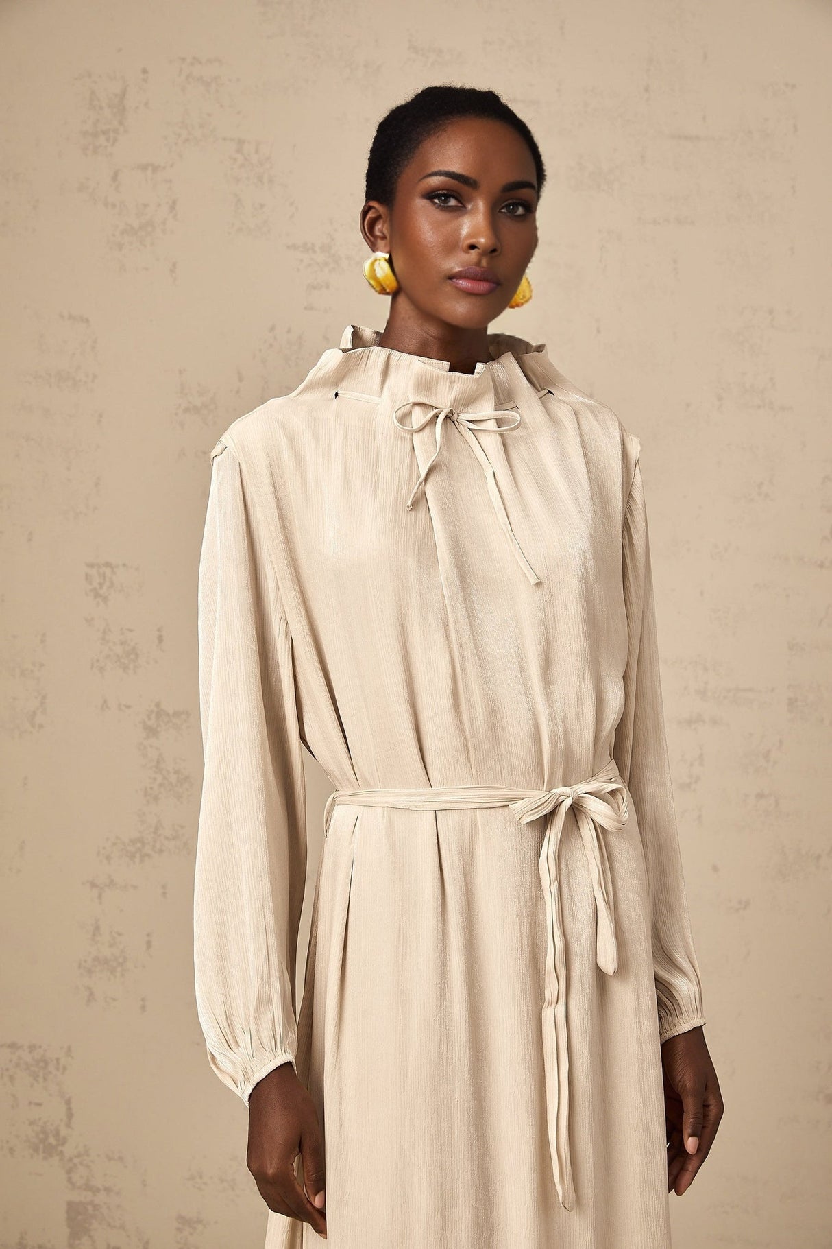 Mirella Midi Dress with Mock Neck and Ruffled Detailing