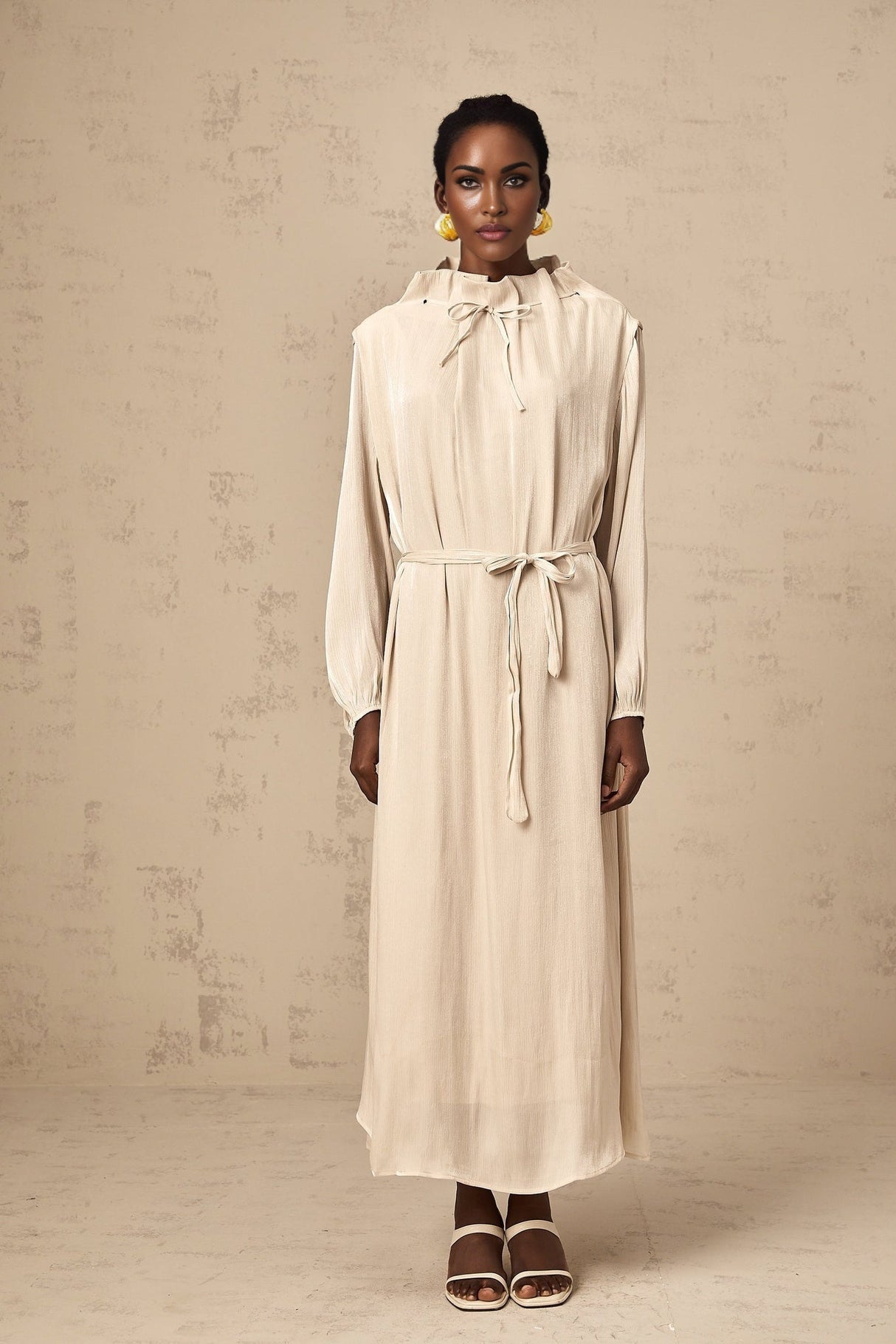 Mirella Midi Dress with Mock Neck and Ruffled Detailing