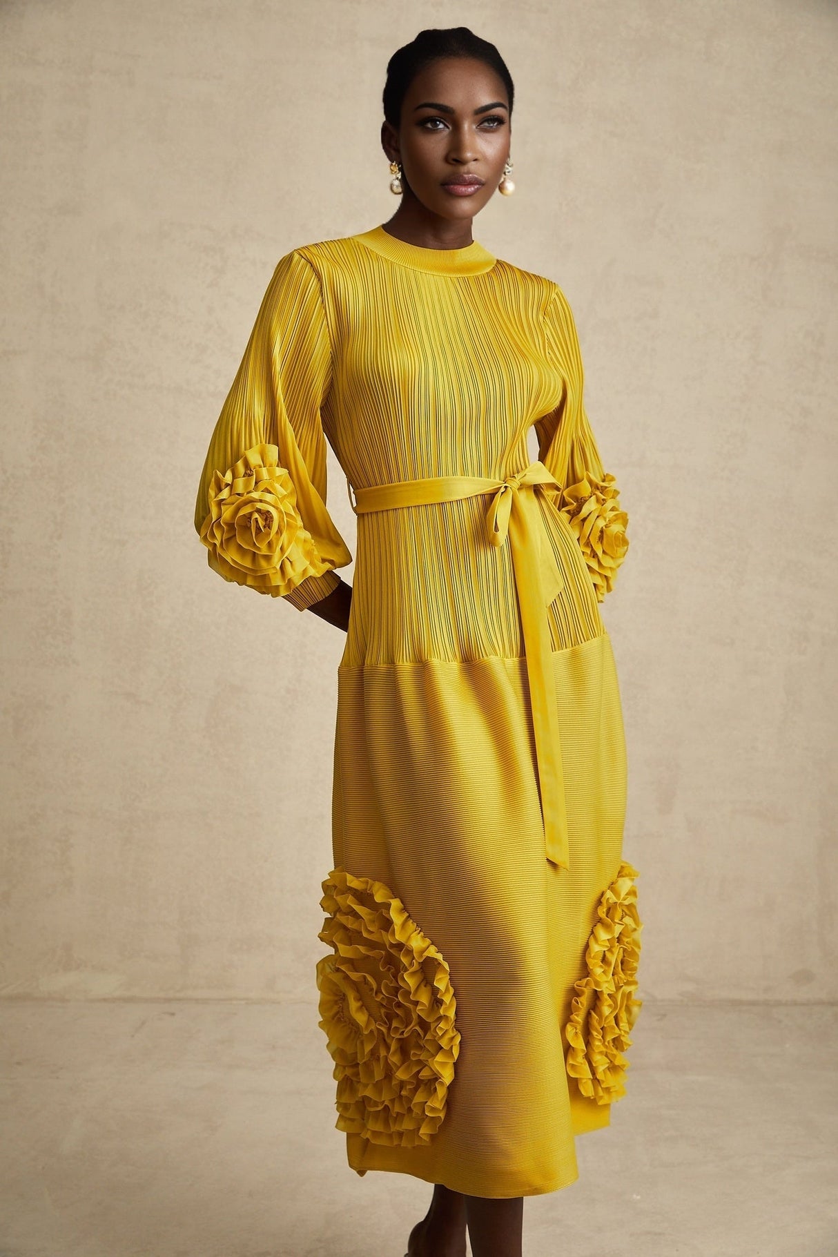 Mirella Midi Dress Yellow 3D Petal Ruffled Design