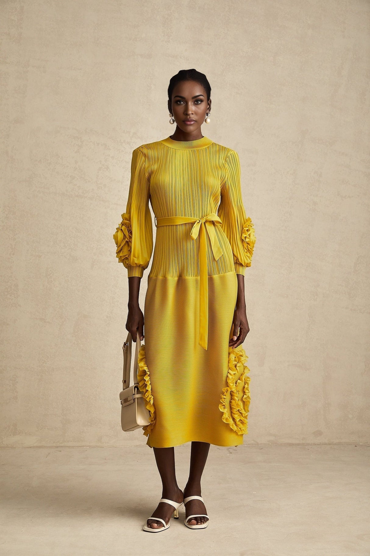 Mirella Midi Dress Yellow 3D Petal Ruffled Design