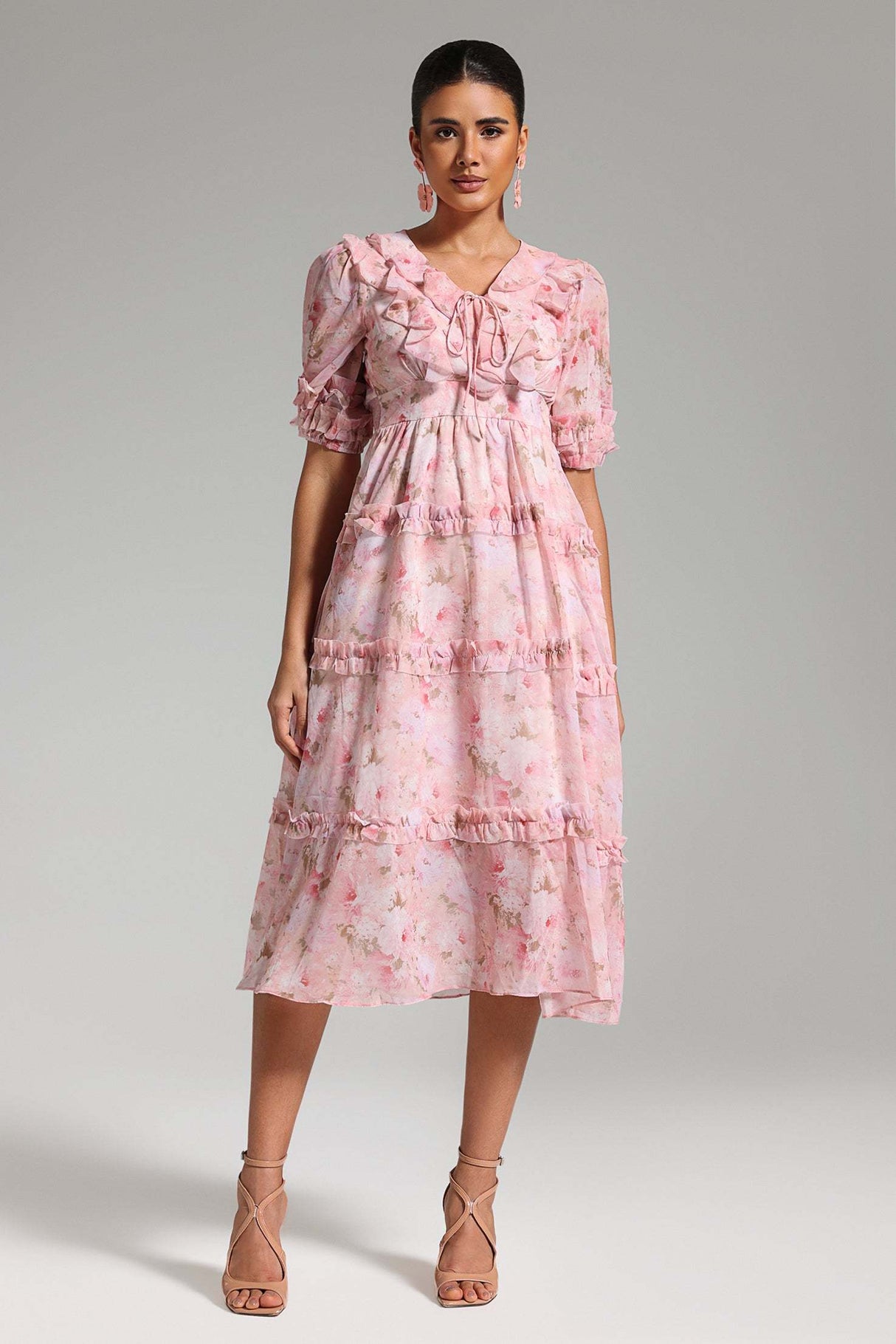 Mirella Pink Floral Print Puff Sleeve Midi Dress with Ruffled Detailing V-Neckline and Tie