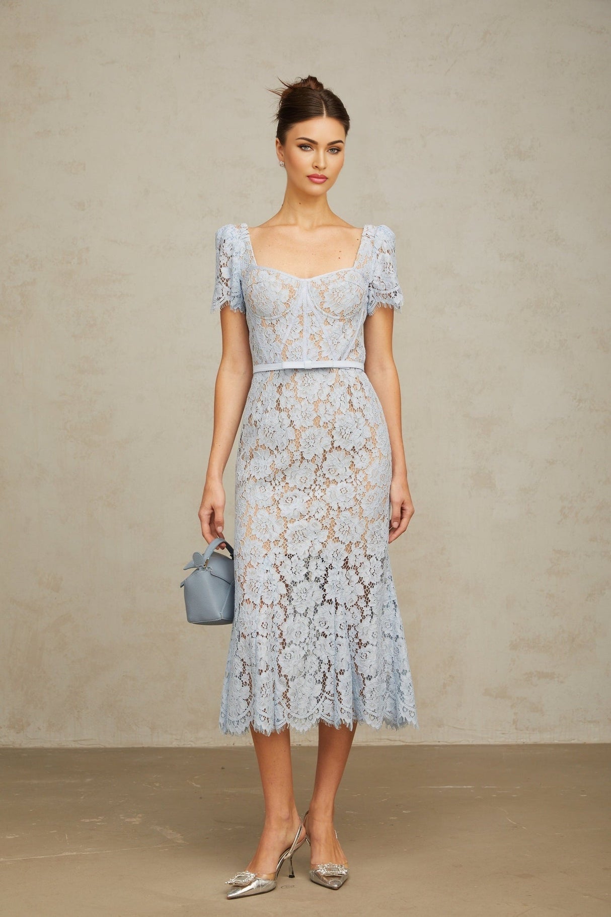 Miriam Floral Midi Dress in Vibrant Blue with Sweetheart Neckline & Scalloped Trim