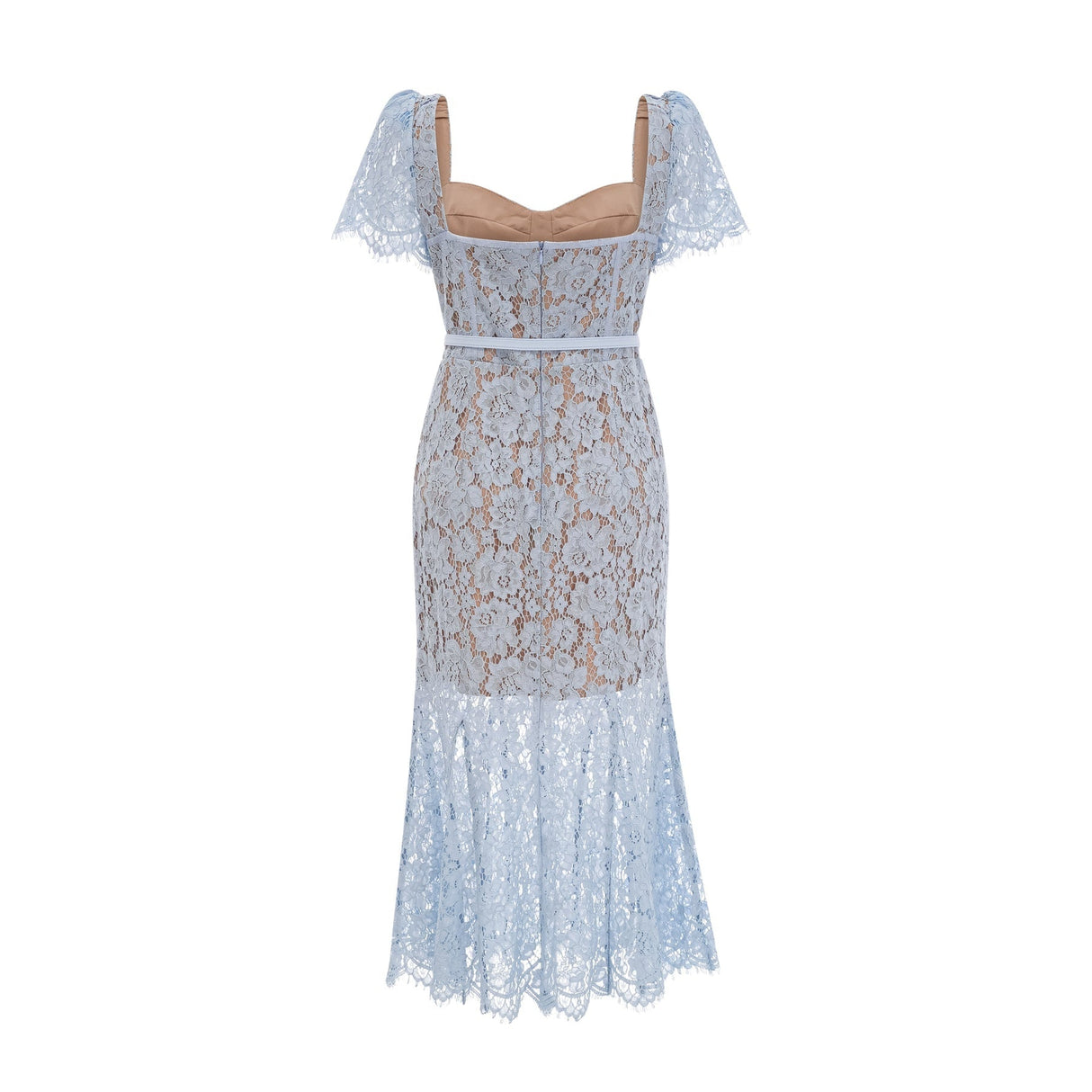 Miriam Floral Midi Dress in Vibrant Blue with Sweetheart Neckline & Scalloped Trim