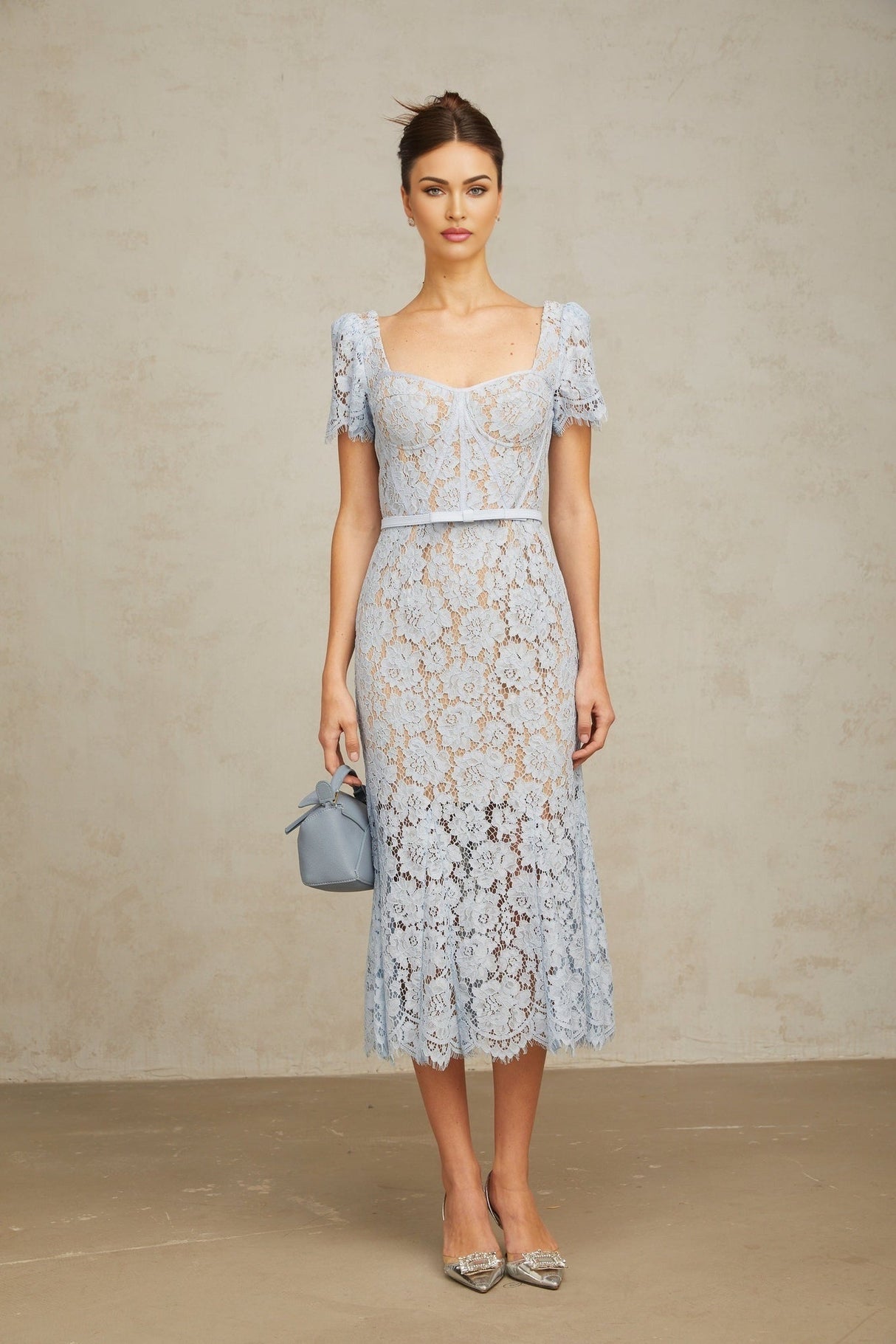 Miriam Floral Midi Dress in Vibrant Blue with Sweetheart Neckline & Scalloped Trim