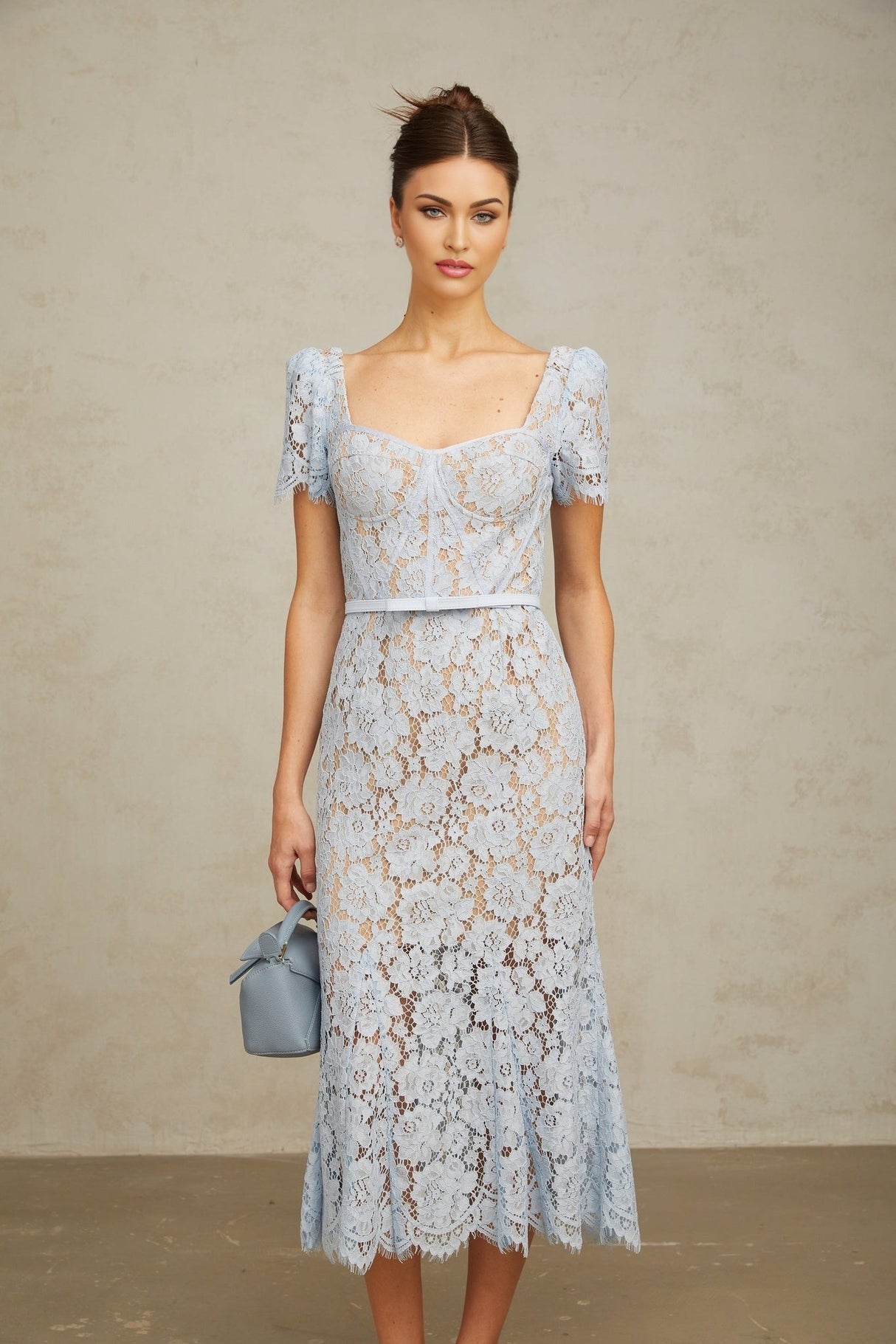 Miriam Floral Midi Dress in Vibrant Blue with Sweetheart Neckline & Scalloped Trim