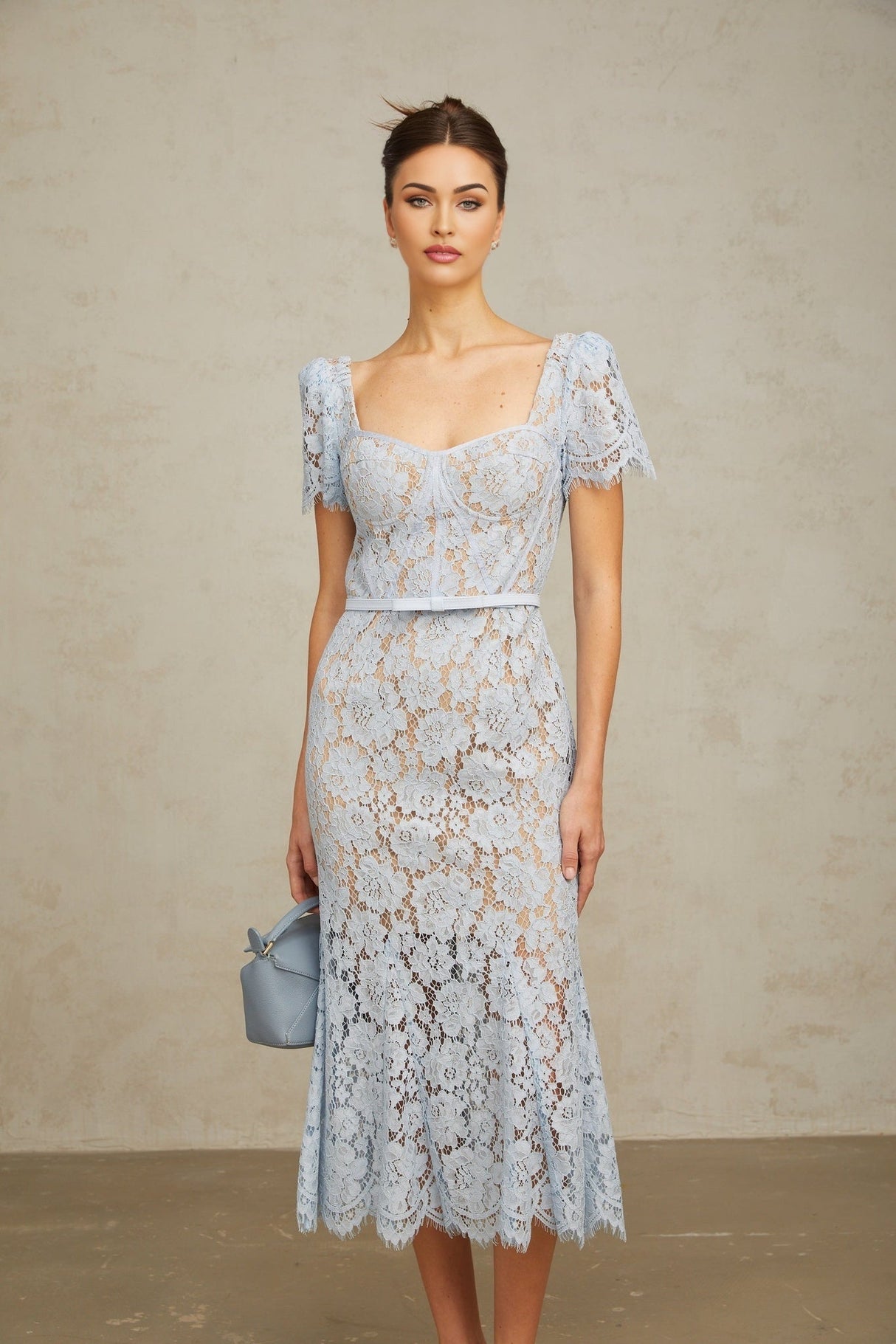 Miriam Floral Midi Dress in Vibrant Blue with Sweetheart Neckline & Scalloped Trim