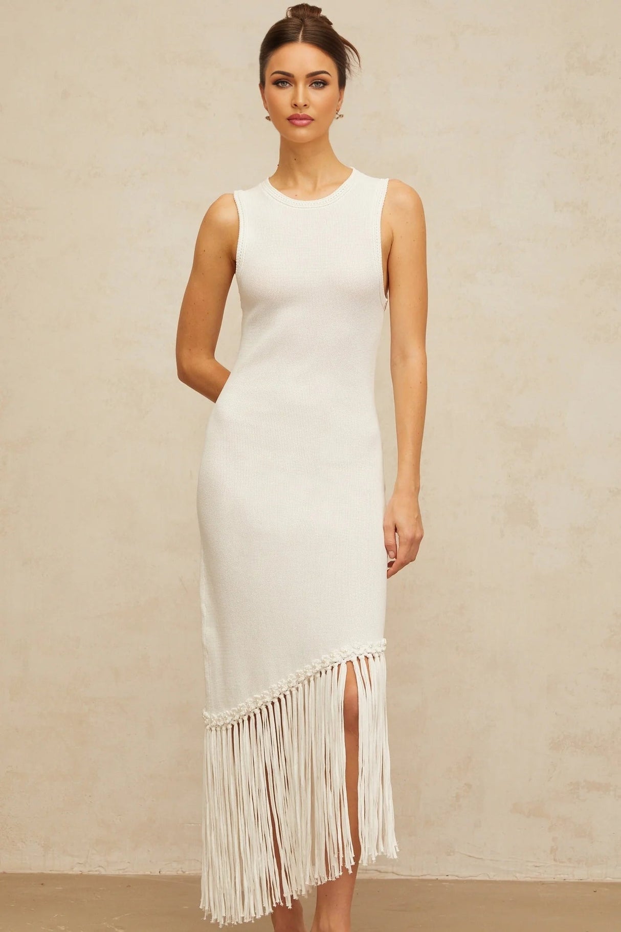 Monica Maxi Dress White Fringed Knit