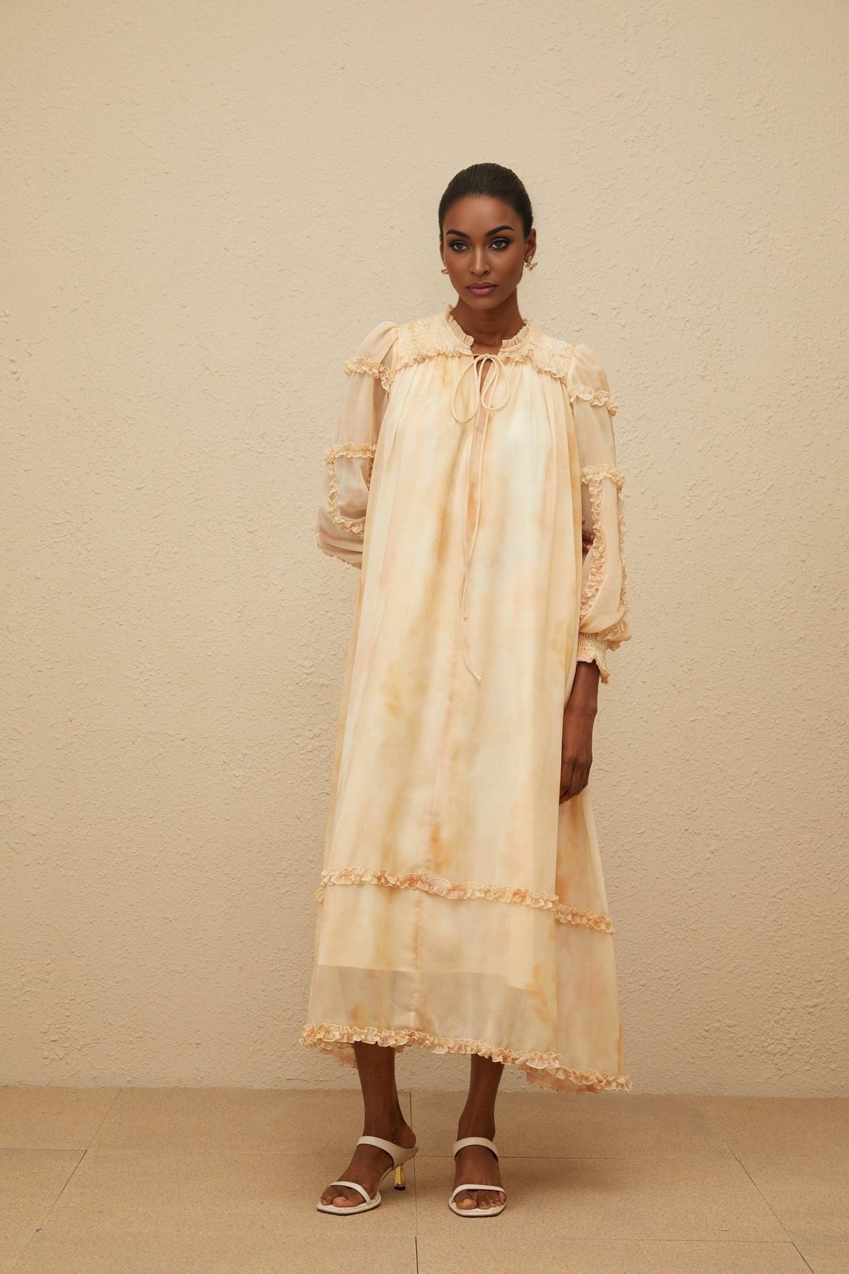 Monica Midi Dress - Frilled Neck - Tie - Dye Print - Ruffled Trim - Shirred Effect - Smocked Panel